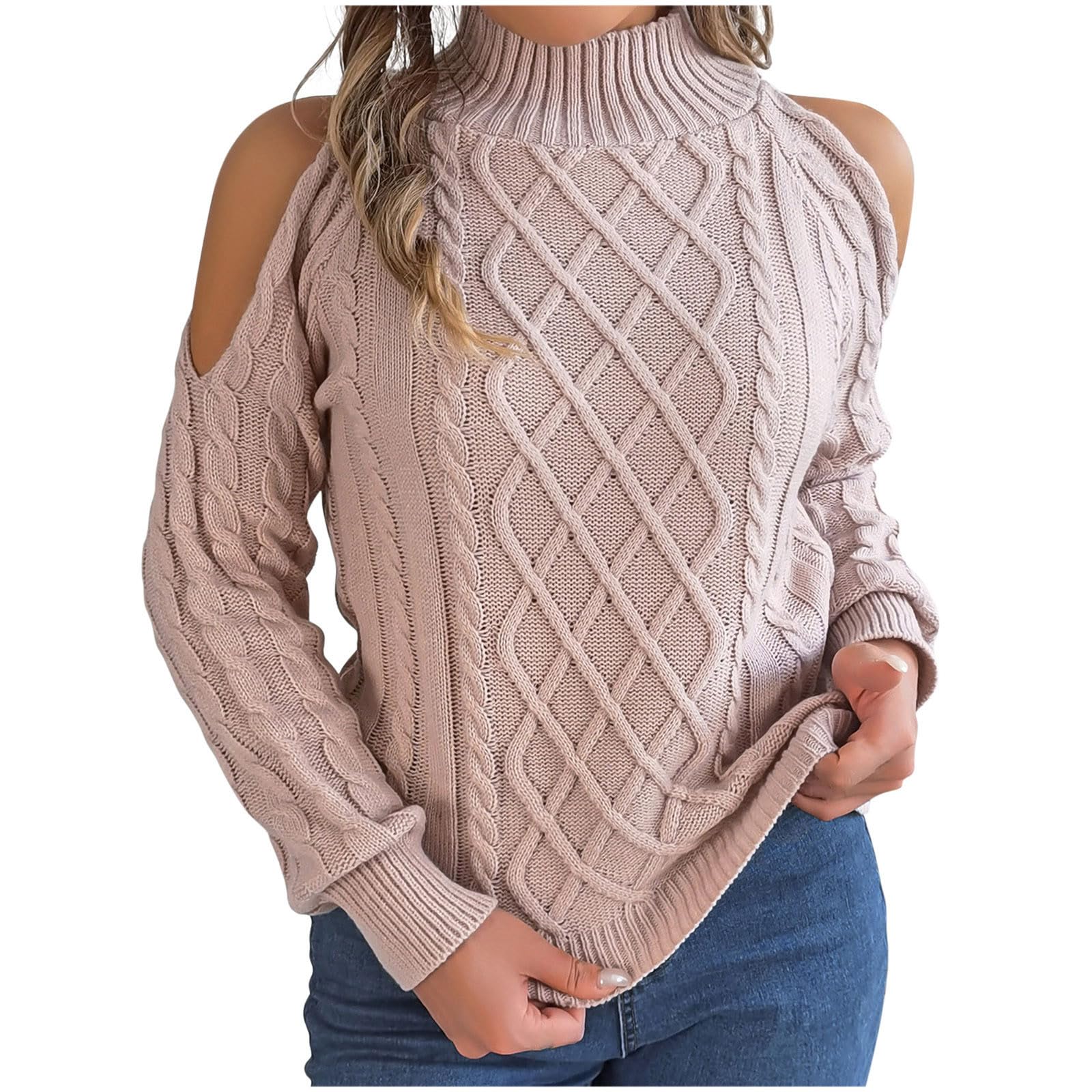 Women Sexy Cold Shoulder Turtleneck Sweaters Fall Winter Long Sleeve Soft Chunky Cable Knit Pullovers Sexy Jumper Tops