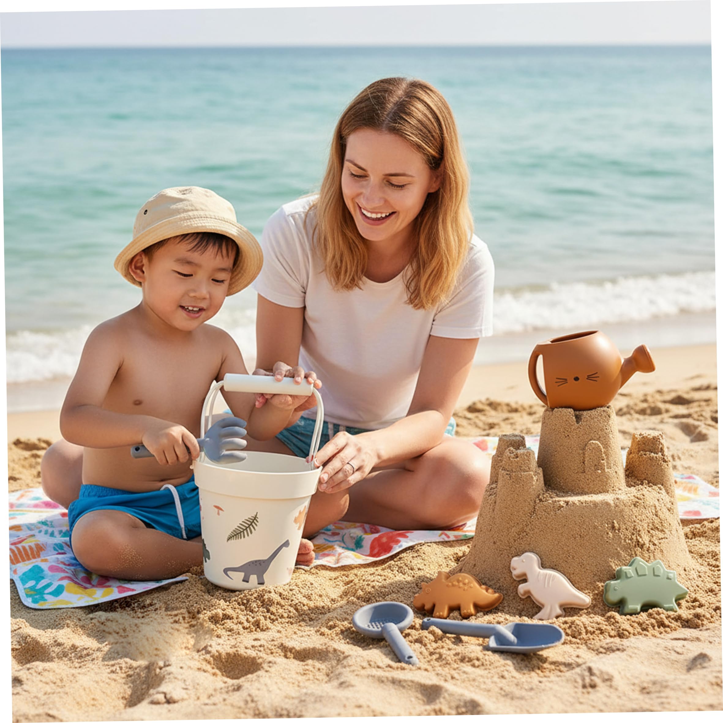 Giocattoli di Sabbia in Silicone, Set di Giocattoli da Spiaggia di Dinosauri da 9 Pezzi per Bambini, da Spiaggia per Alimenti per Bambini, Kit di Gioco con Sabbia Pieghevole, Piscina e a