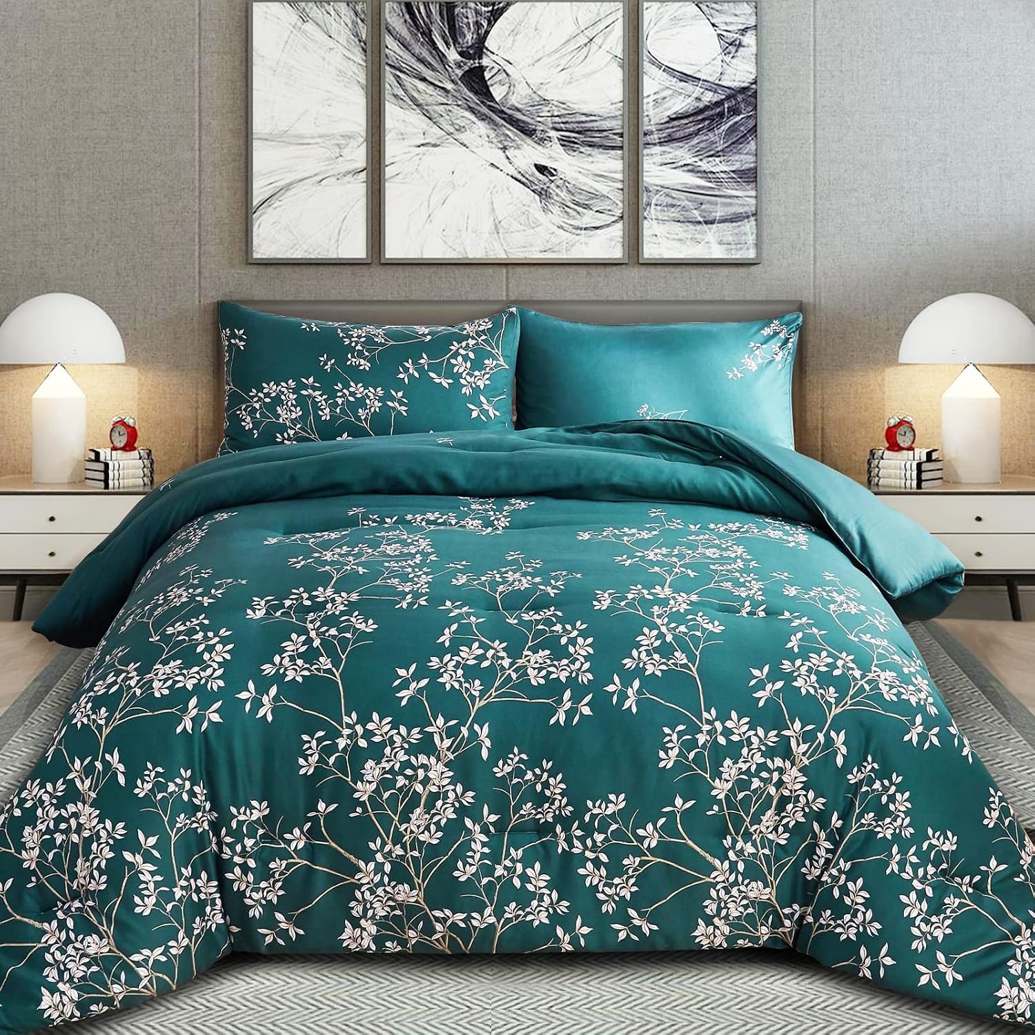 FANOYOL Comforter Set King Size, Tree Branch and Leaves Printed Pattern Dark Green - 400 GSM 100% Microfiber Comforter Machine Washable for All Season 3 Piece with 2 Pillowcases