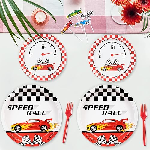 Miniatura 6 de DECORLIFE 96 piezas de suministros de fiesta de bandera a cuadros, platos y servilletas a cuadros en blanco y negro para 24, decoración de fiesta de