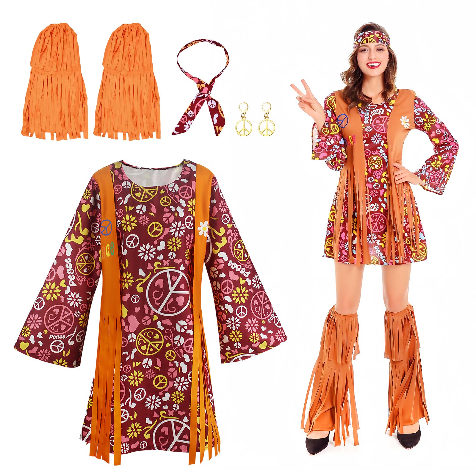 BezaveaHippie Costumes Clothes, 60s 70s Disco Fancy Dress Women, Hippie Costume Outfits, Disco Dress Up Rockstar Hippy, Accessories Hippie Clothes 60s, Hippie Dress Halloween Costumes for Women (XL)