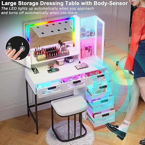 Miniatura 5 de HNEBC - Mesa de tocador RGB con espejo y luces, mesa de maquillaje con espejo LED y estación de carga USB/inalámbrica, juegos de mesa de tocador con