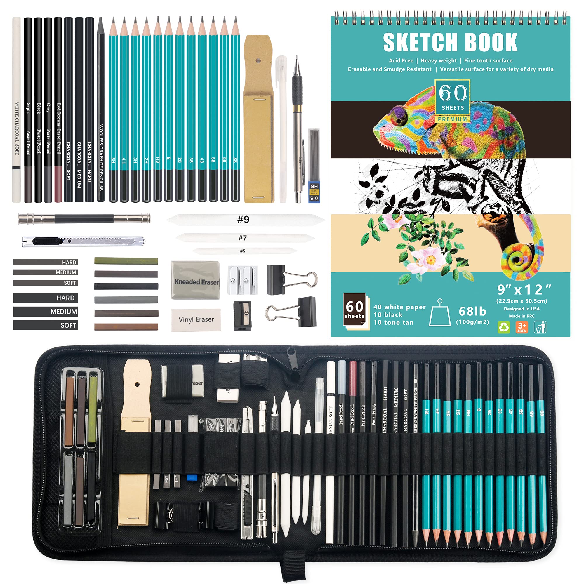 KALOUR50-Pack Sketch Drawing Pencils Kit with 3-Color Sketchbook,Premium Graphite,Charcoal and Pastel Pencils for Blending Shading,Pro Art Drawing Supplies for Artist Adults Beginner Kids