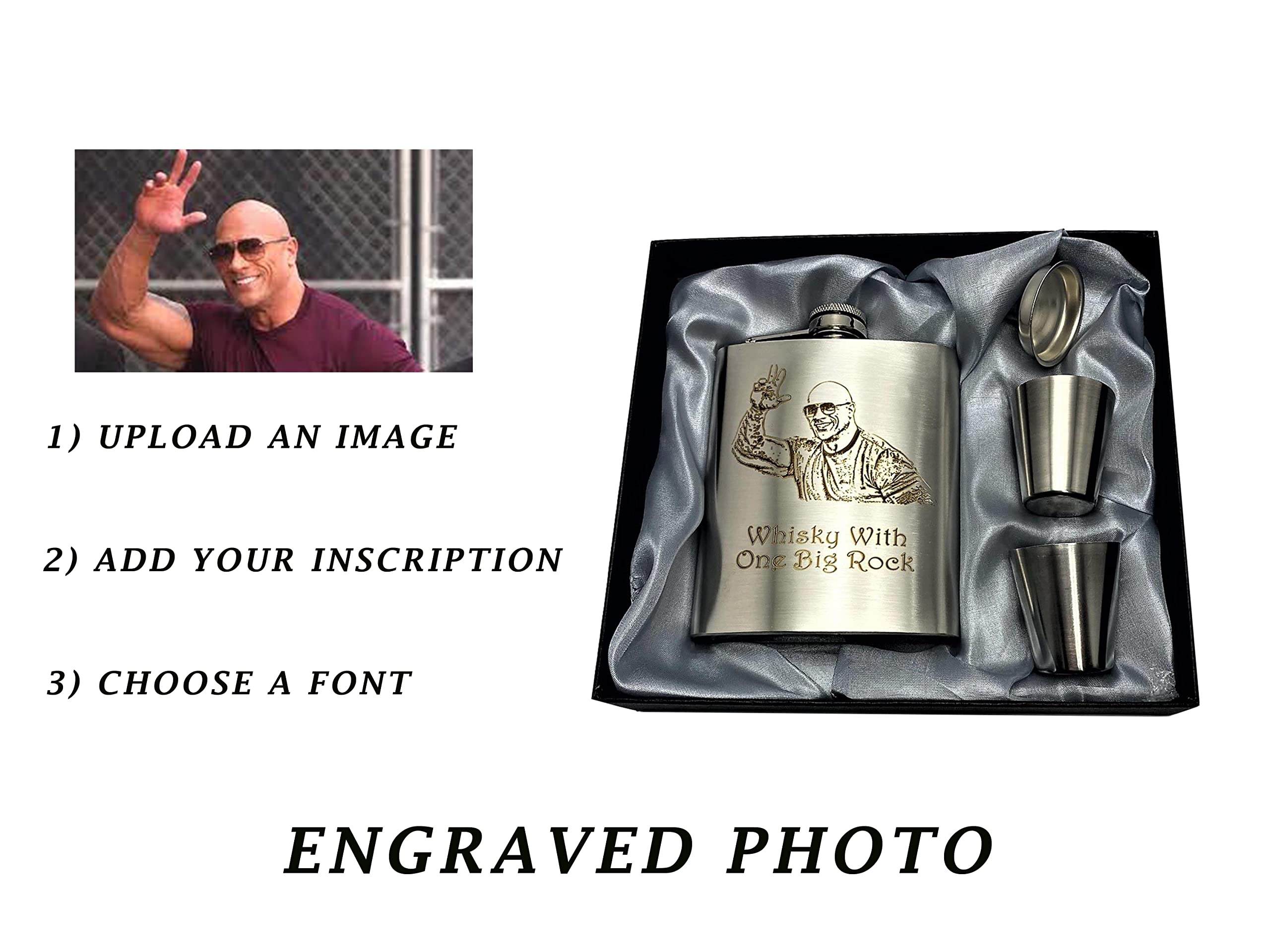 Photo/Logo Engraved Custom Whisky Flask - 7oz Stainless Steel, Personalized Hip Flask