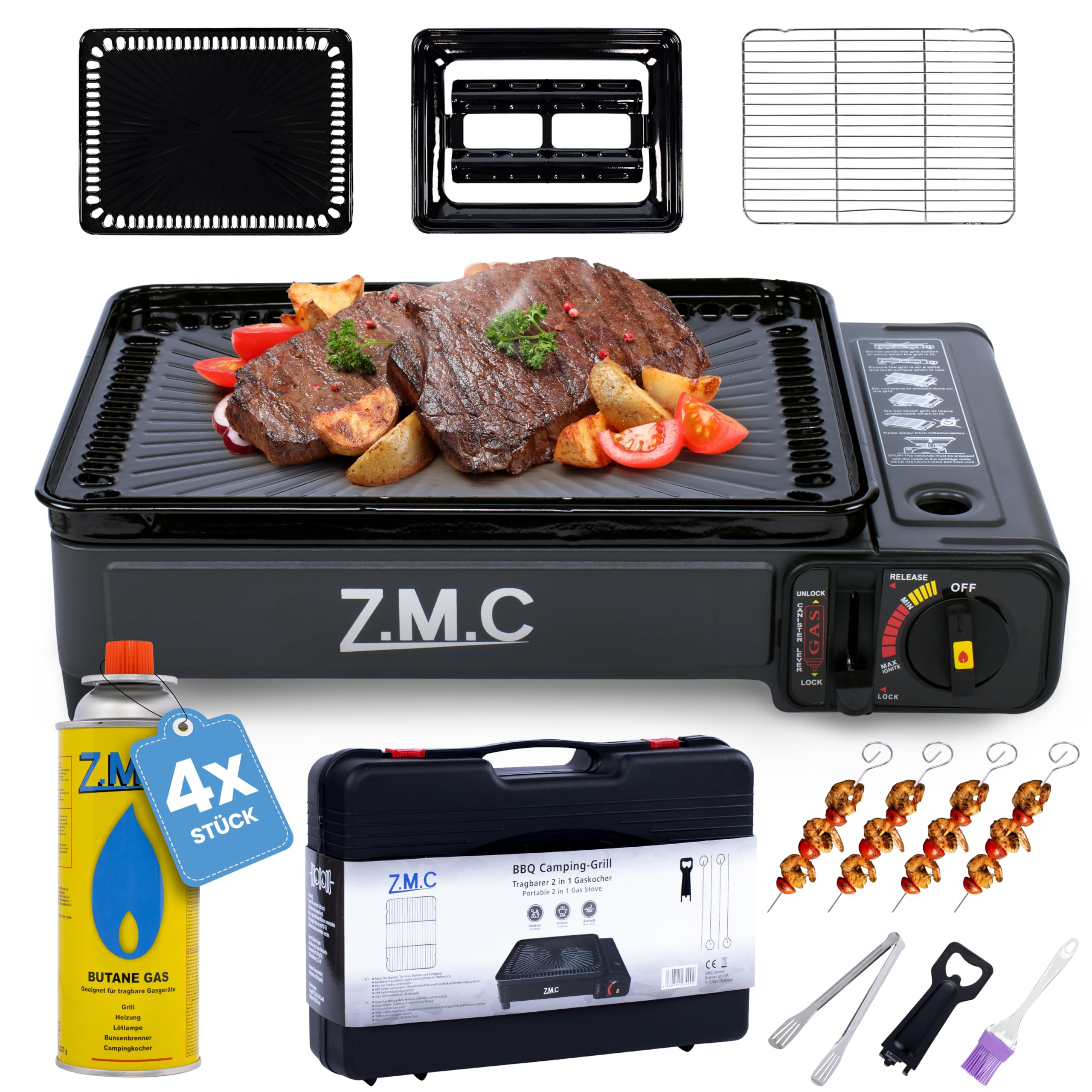 Z.M.C 2-in-1 tragbarer Campingkocher und Gasgrill Klein inkl. Grillzubehör Set und Koffer + 4x Gaskartuschen 227g, Balkon Tischgrill Gaskocher 2,2 kW mit LPG-Anschluss für Camping, Outdoor und indoor