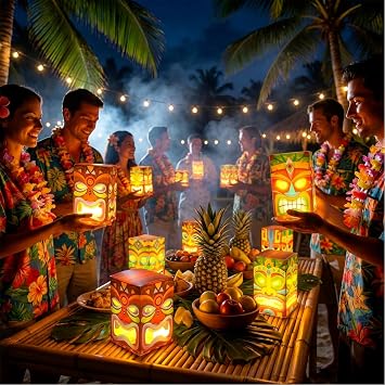 Baquler 24 Pcs Hawaiian Tiki Totem Boxes with Light Luau Party, 5.9 Inches
