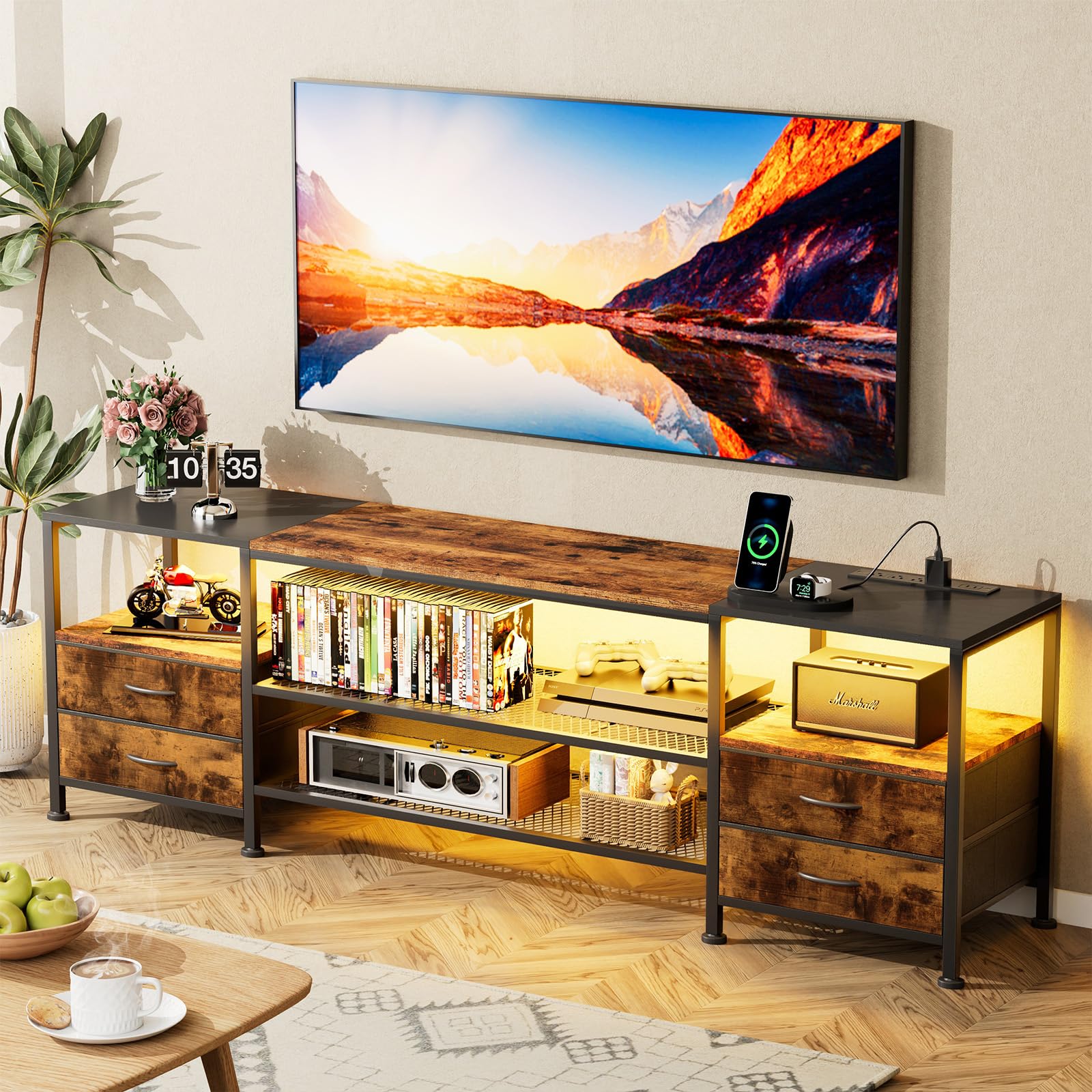 Mueble TV Salon 160 cm, Mueble TV Alto con iluminación LED, Estación de Carga, Puerto USB y Enchufe, Muebles de Salon TV con 4 Cajones 4 Estantes Abiertos, para Salón/Comedor