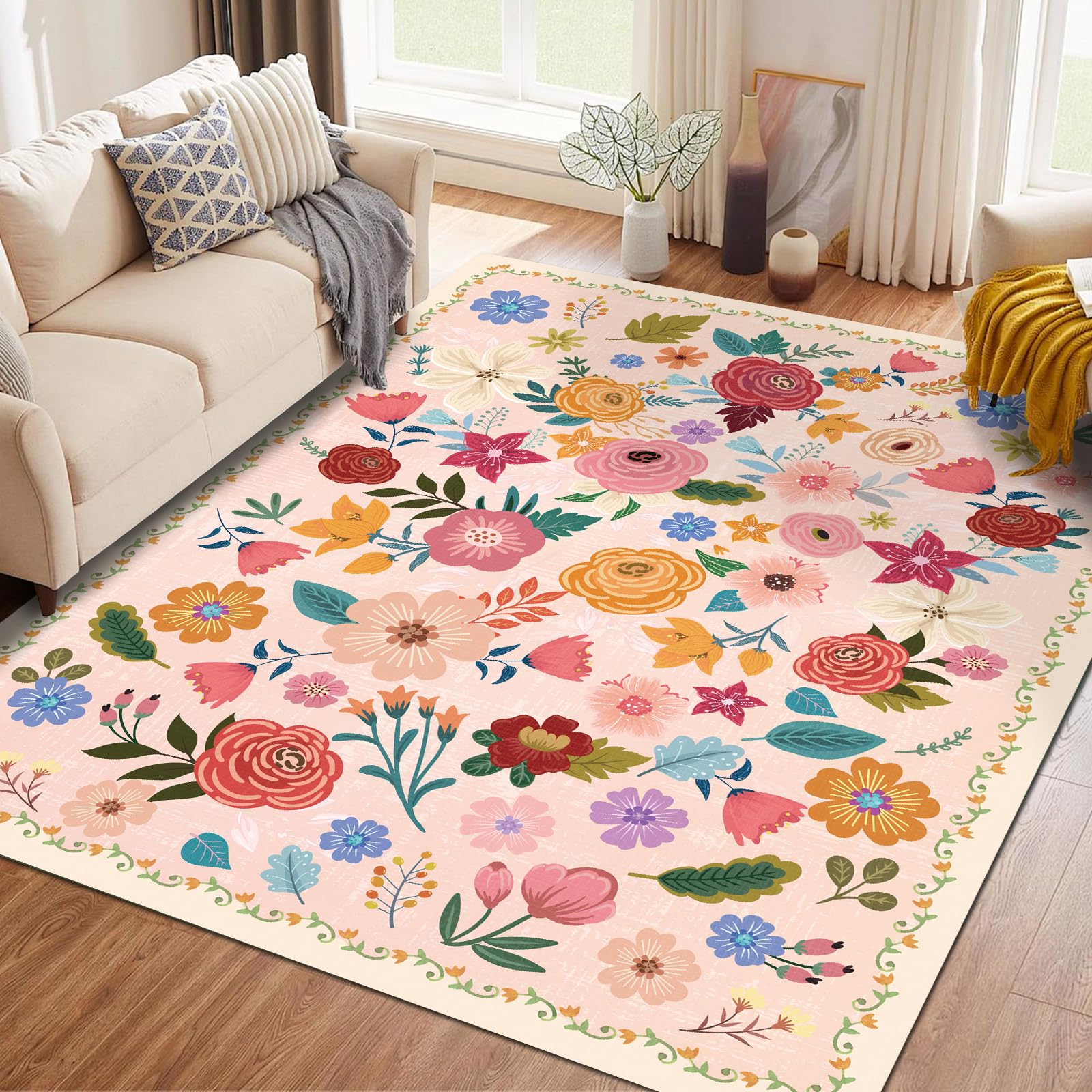 Washable Hot Pink Area Rug 5'×7' Light PinkBoho Large Living Room Rug Floral Non-Slip Soft Oriental Vintage Color Bedroom Carpet Dining Room Nursery
