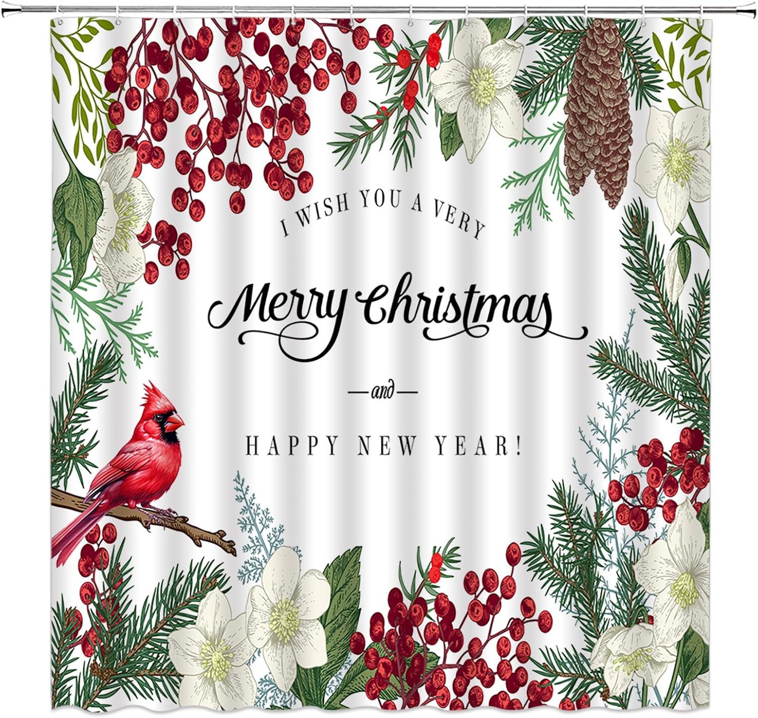 Merry Christmas Shower Curtain Vintage Xmas Red Bird Pine Tree Berry Floral Winter Holiday Happy New Year Farmhouse Bathroom Curtain Fabric with Hooks(70" Wx84 H)