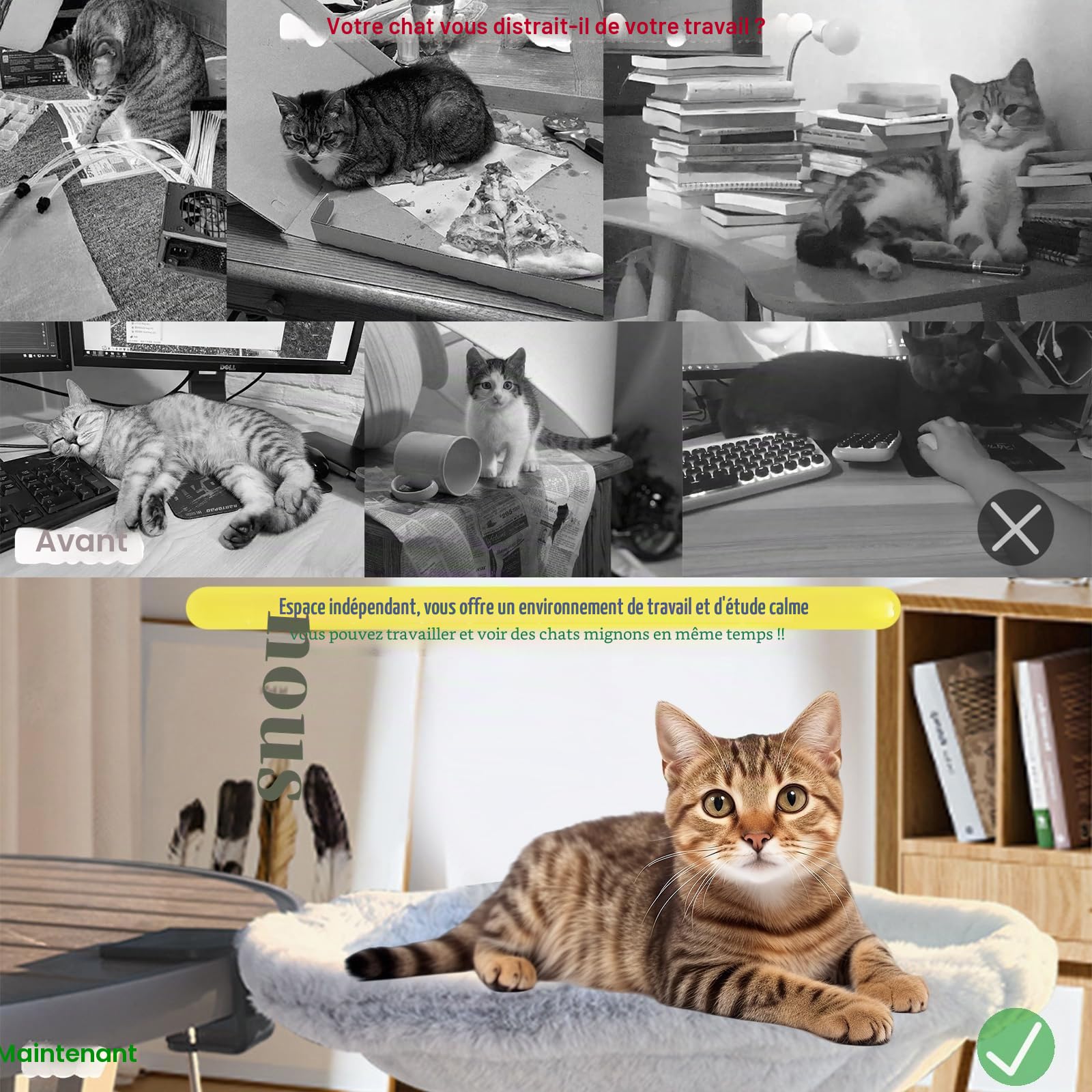 Lit de bureau pour chat avec cadre en acier réglable en fausse fourrure douce - Lit suspendu pour chats d'intérieur - Hamac parfait pour votre bureau et animaux de compagnie - Meuble moderne et unique