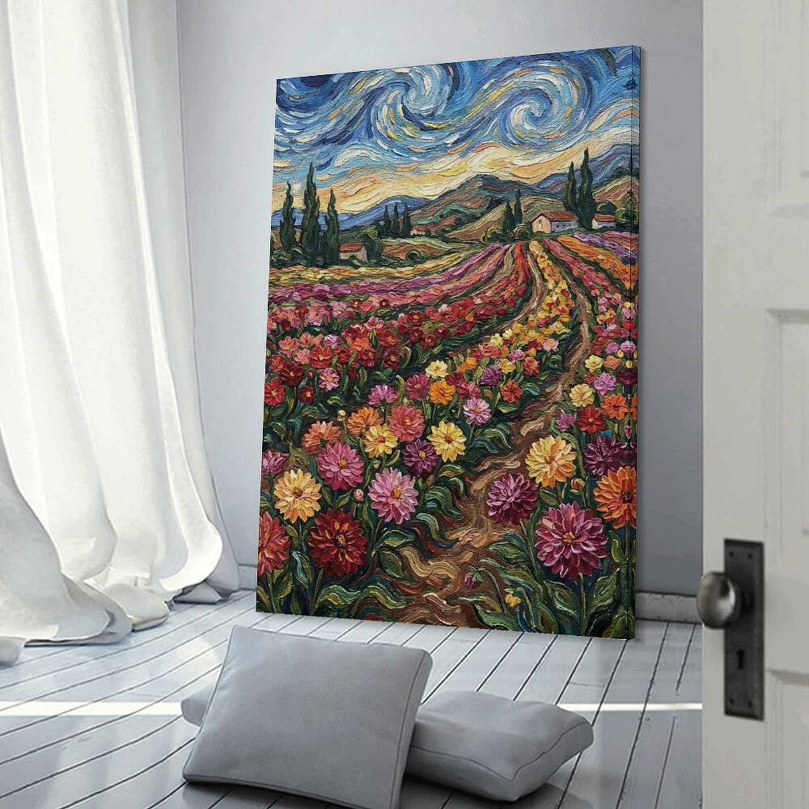 Junmoney Floral Field Painting with Swirling Sky Wall Art Print, 20x30inch(50x75cm), for Study, Office Or Focused Interiors, Home Office Artwork with Decorative Appeal