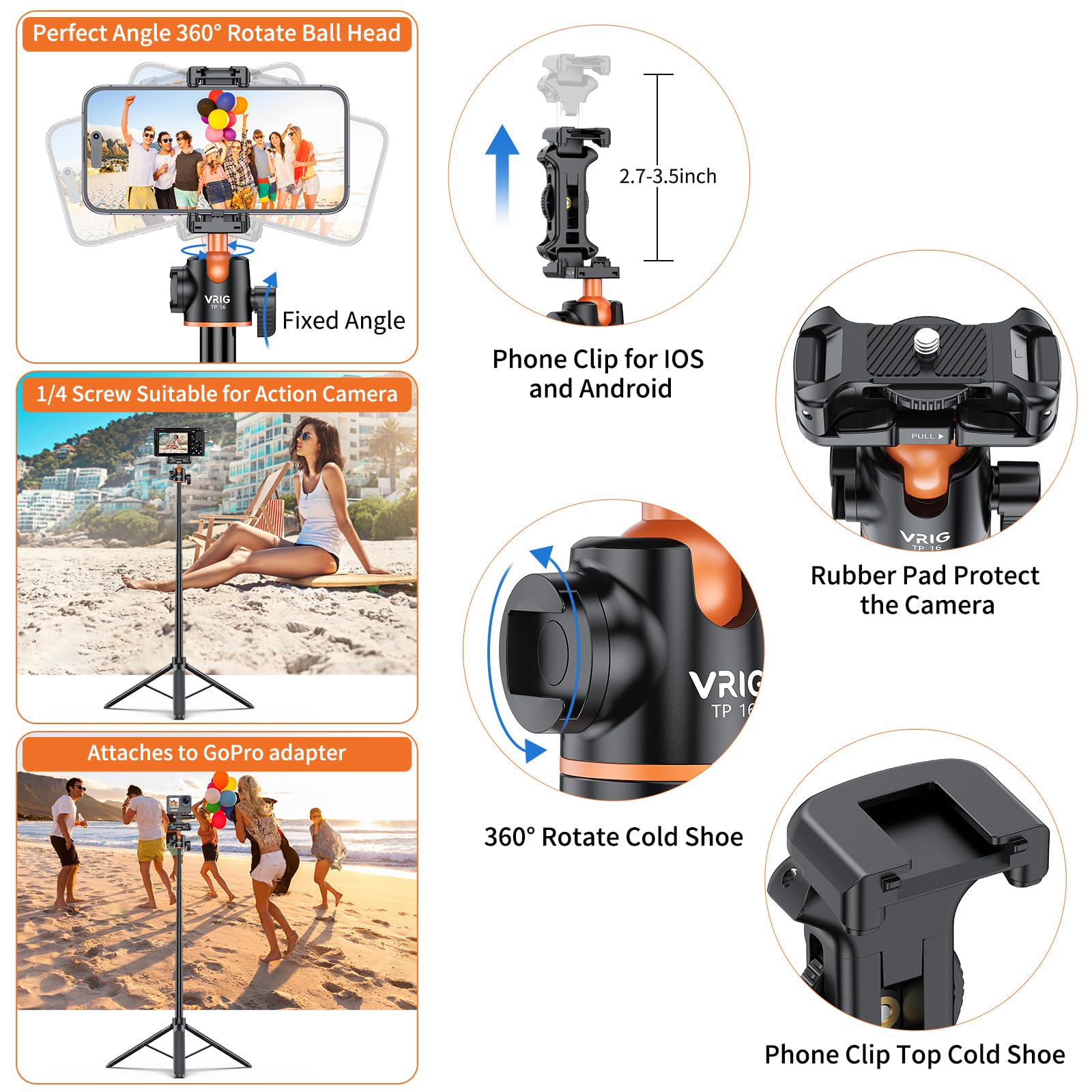 VRIG TP16 - Trípode de cámara extensible de 55 pulgadas, soporte de trípode para cámara selfie con clip de teléfono 2 en 1, ajuste de 5 niveles, cabezal de bola de 360° para iPhone, Sony, Canon