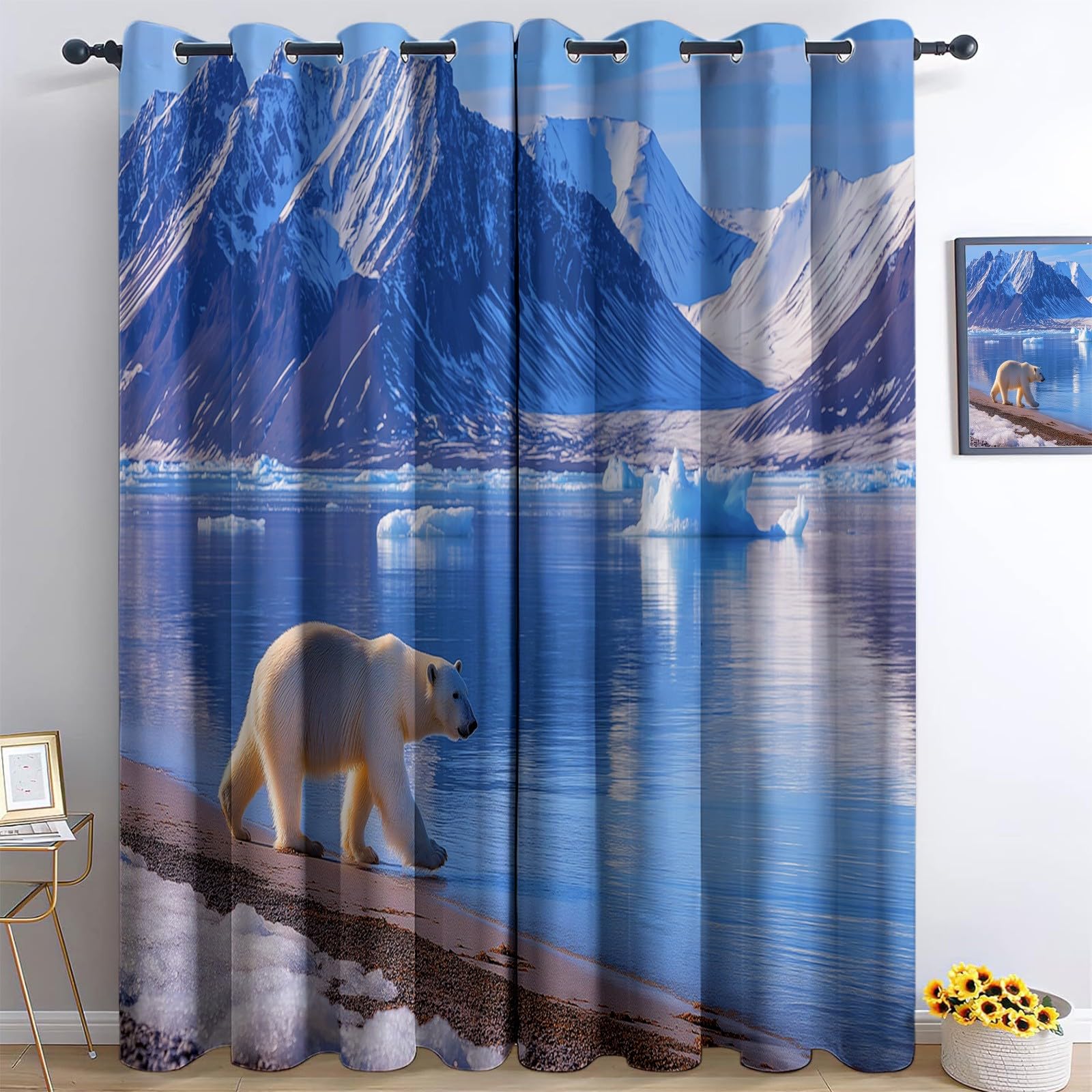 Verdunklungsvorhänge Eisbär EIS Kinderzimmer Vorhänge Blickdicht, Blau Thermovorhang mit Ösen, für Schlafzimmer Fenster & Balkon Schnee Natur Bilder - 110 x 215 cm (2er Set)