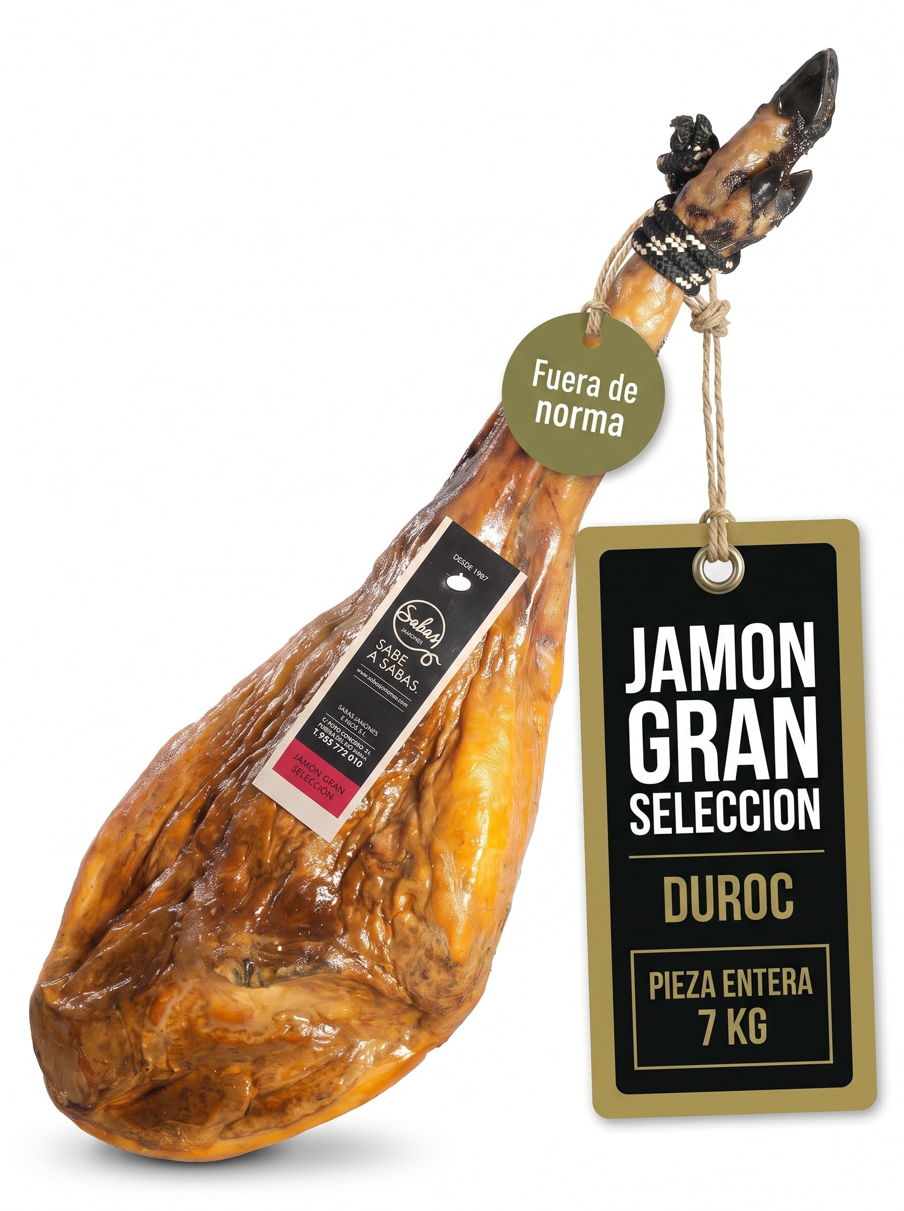 Jamon Duroc Gran Seleccion Curado 24 Meses Pieza Entera con Hueso 7 kg | Peso aproximado de siete kilos, secado lento en bodega, sin sulfitos declarados; para regalo, hosteleria, Navidad y eventos
