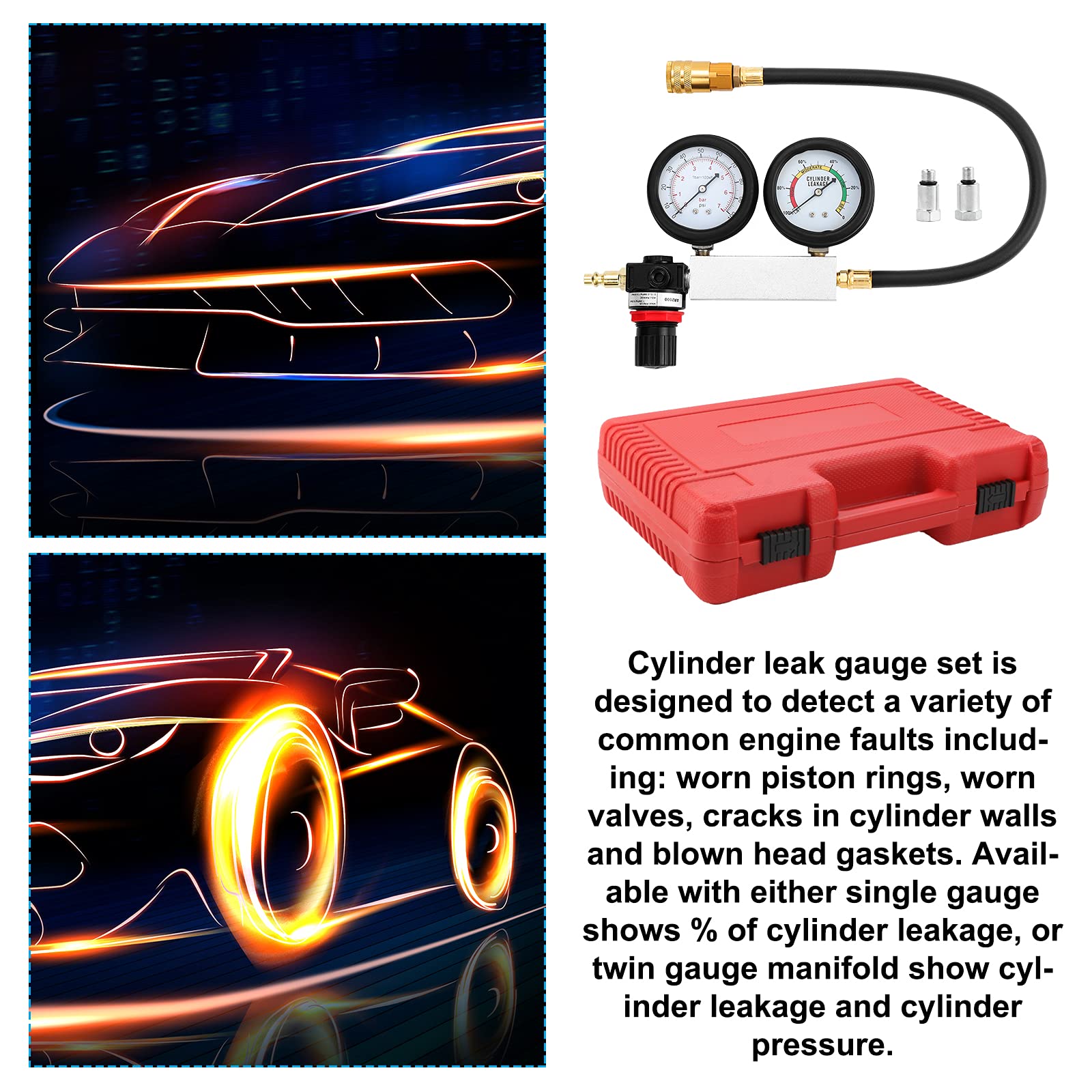Rilevatore di perdite a cilindro, kit di tester a benzina, tester di compressione per auto, camion, moto