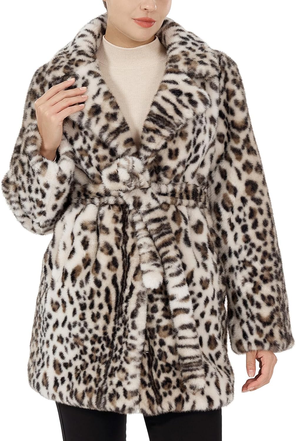 Women's Faux Fur Jacket Leopard Print Coats Fall Winter Warm Lapel Cardigan Fluffy Faux Fur Coat with Belt Pockets - Image 4