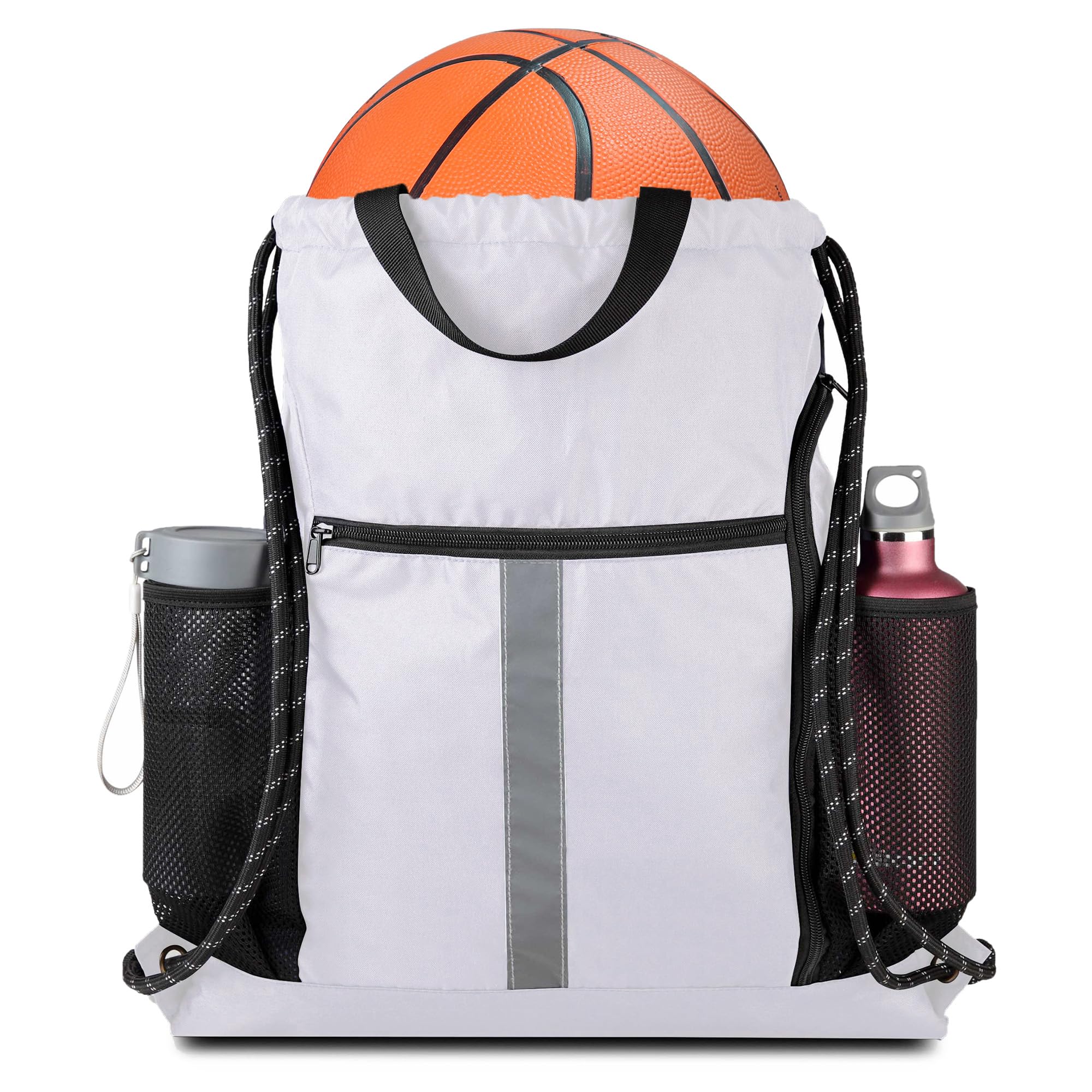 BeeGreen White_Drawstring_Backpack_Bag_Sports_Gym_Backpack with Shoe Compartment and Two Water Bottle Holder for Men Women Large String Athletic Sackpack Workbag White