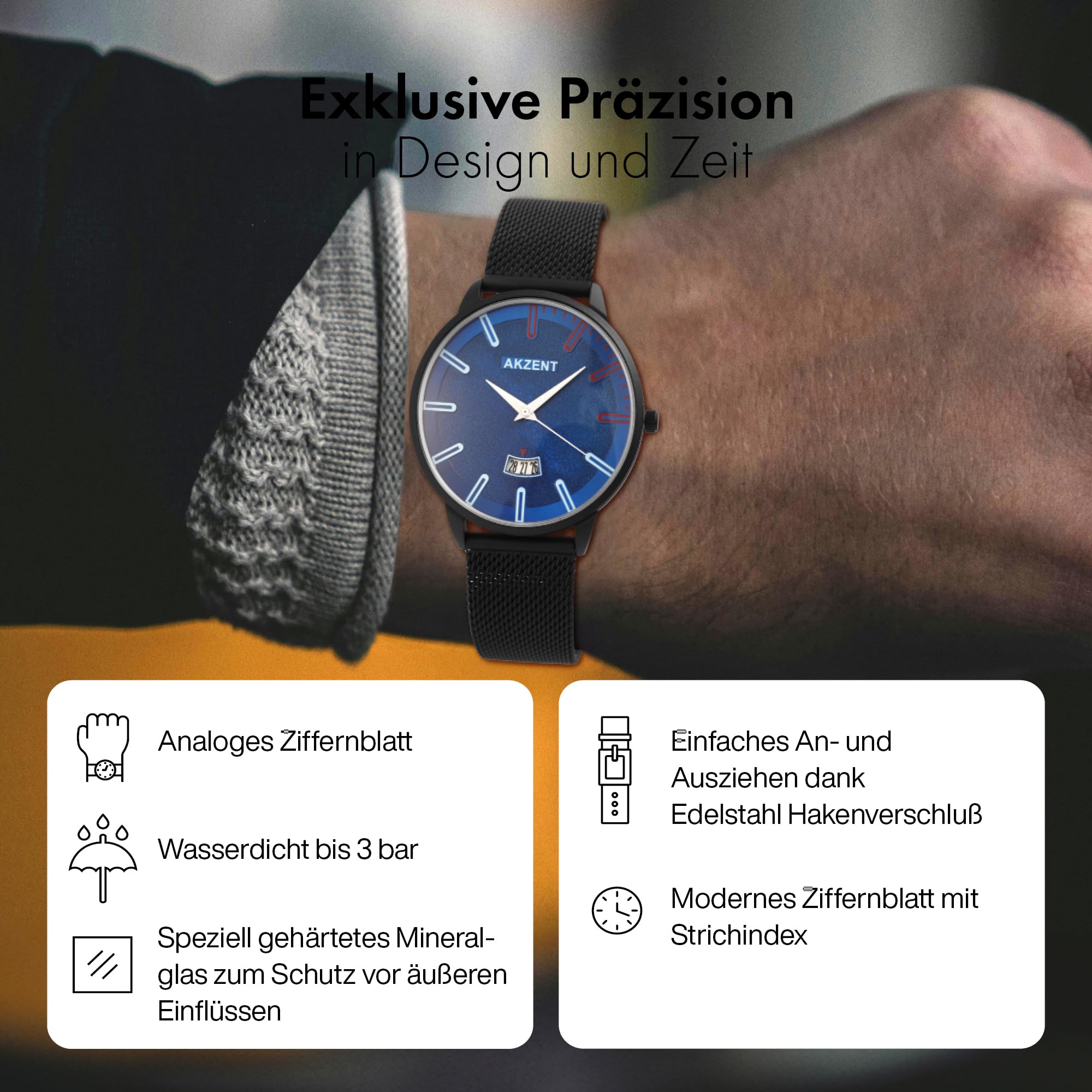 Akzent Milanaise 2300005 - Orologio da uomo con cinturino in rete in acciaio INOX, colore: Grigio/Bianco/Blu/Nero
