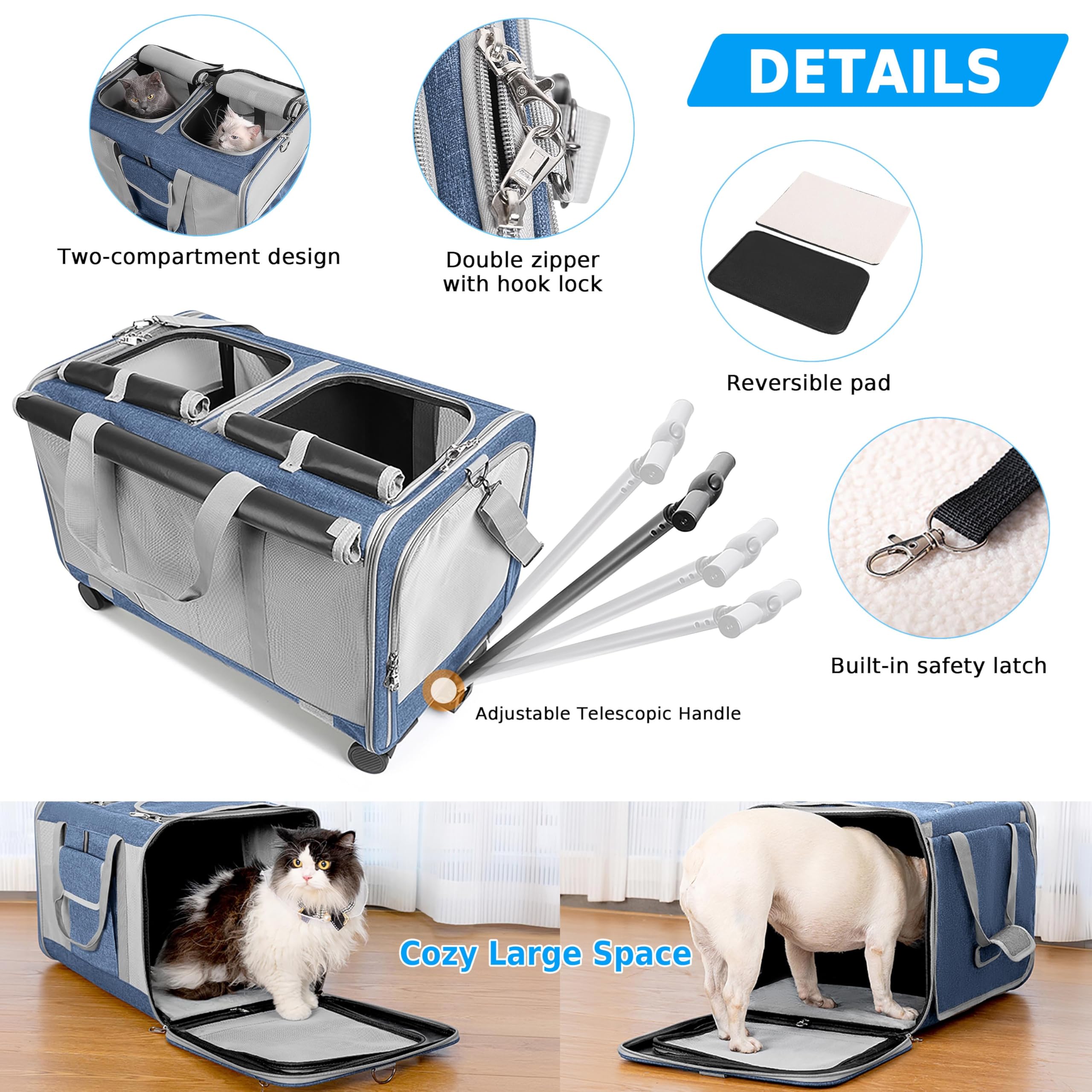 ALLSOPETS Grande Trasportino per Animali con Ruote Trasportino a Doppio Scomparto per 2 Gatti e Cani con Manico Telescopico Borsa da Viaggio Pieghevole e Portatile per Travel Camping Outdoors Blu