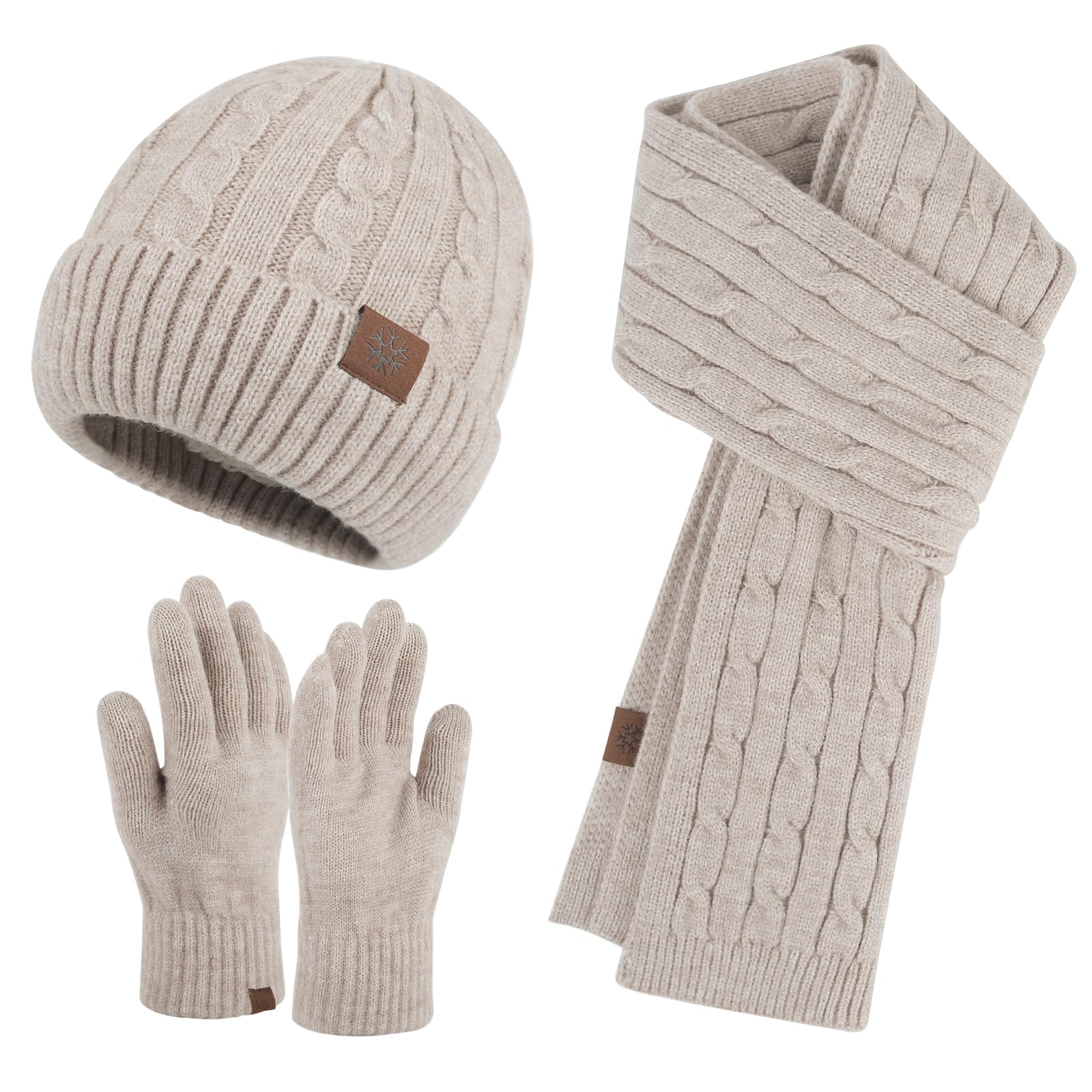 Qlauca Winter Knitted Hat Scarf Touchscreen Gloves Set Soft Warm Beanie Scarves for Women Men