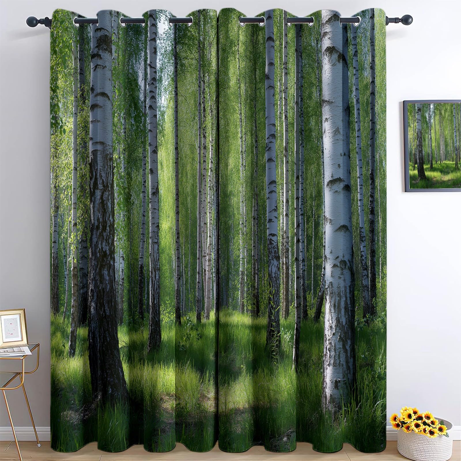 Generisch Verdunklungsvorhänge Birkenwald Natur Kinderzimmer Vorhänge Blickdicht, Grün Thermovorhang mit Ösen, für Schlafzimmer Fenster & Balkon Wald Blätter - 110 x 215 cm (2er Set)