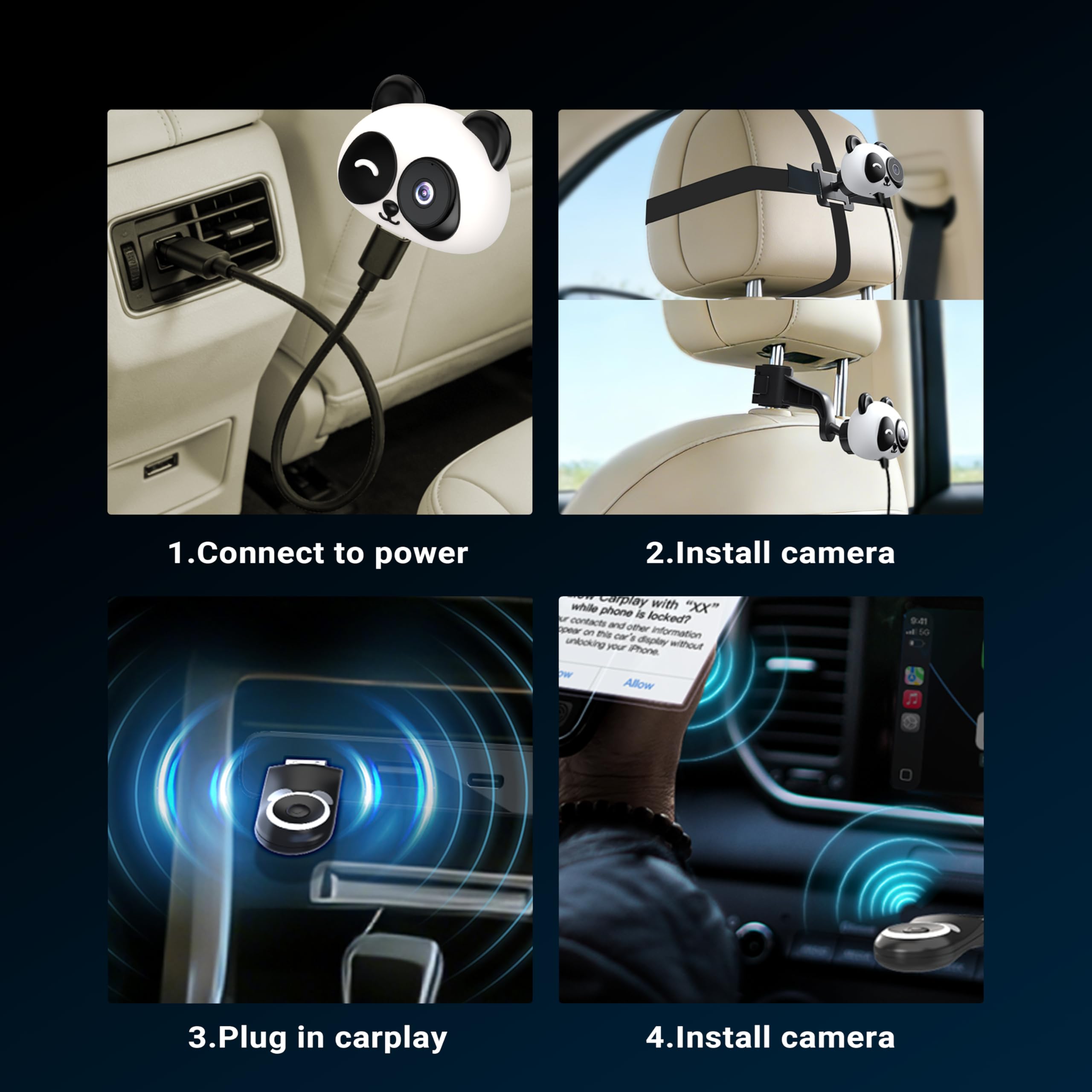 MINIX CA520 CarPlay Inalámbrico Cámara Bebé Coche para iPhone Solo (no Android Auto), Monitor Bebé Asiento Trasero 1080P, Visión Nocturna, Ángulo Amplio 150°, Baja Latencia para CarPlay cable original
