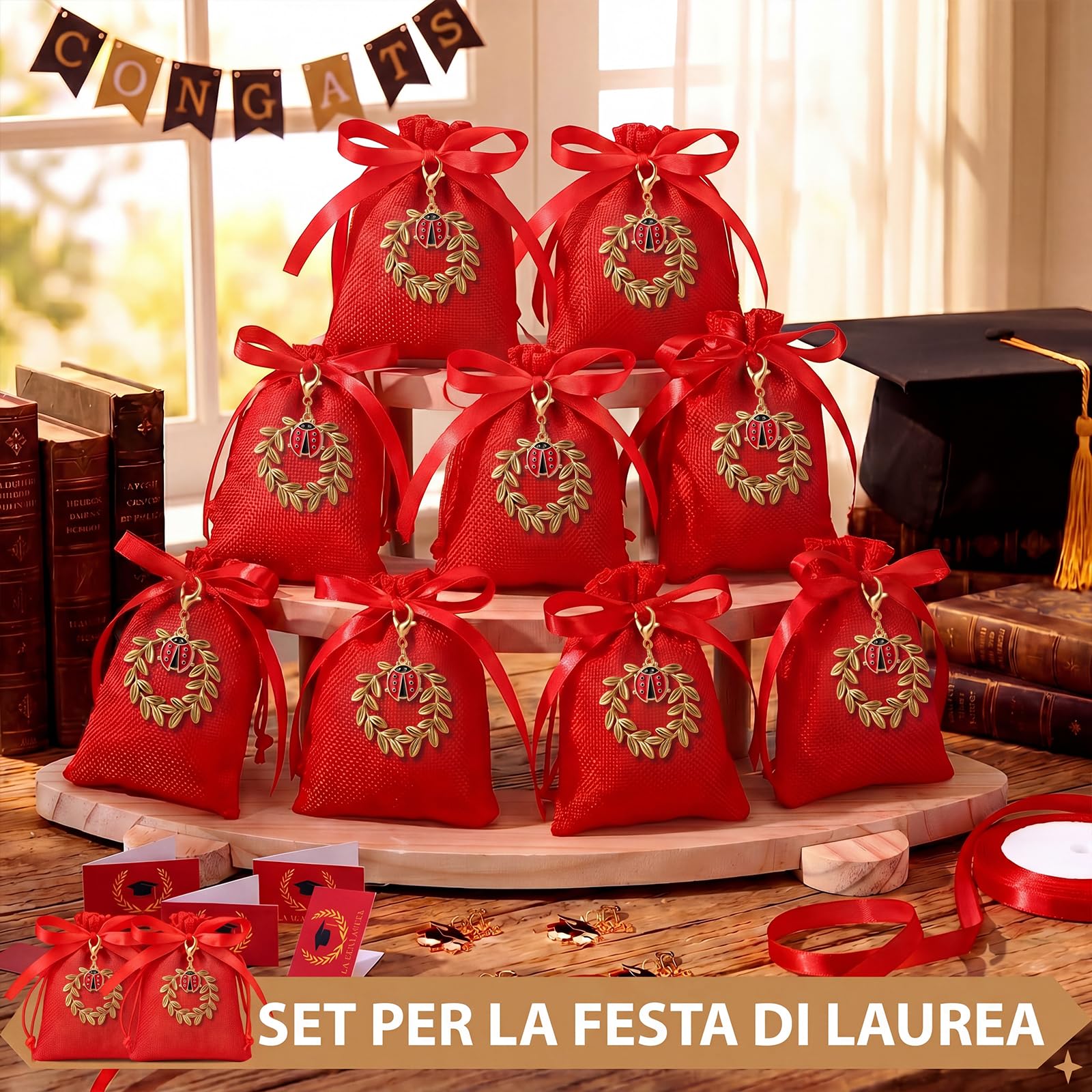 BBTO 36 Sets Bomboniere Laurea Sacchetti Portaconfetti Ciondolo di Corona d'Alloro Coccinella Biglietti e Nastro Rosso Sacchetti Confetti Regalo di Laurea Festa Cerimonia Fai da te(Coccinella)