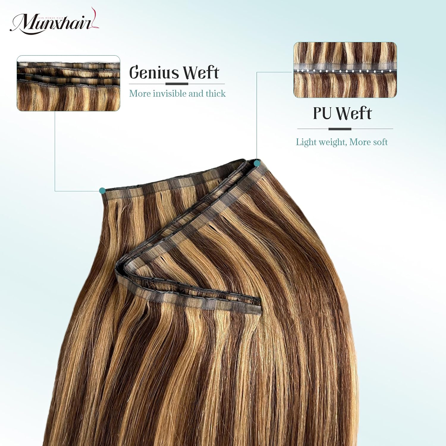 Butterfly Weft Hair Extensions Human Hair 20 Inch 100g Balayage Chocolate Brown to Caramel Blonde，Sew in Hair Extensions Real Human Hair Genius Invisible Straight Extension De Cabello Humano