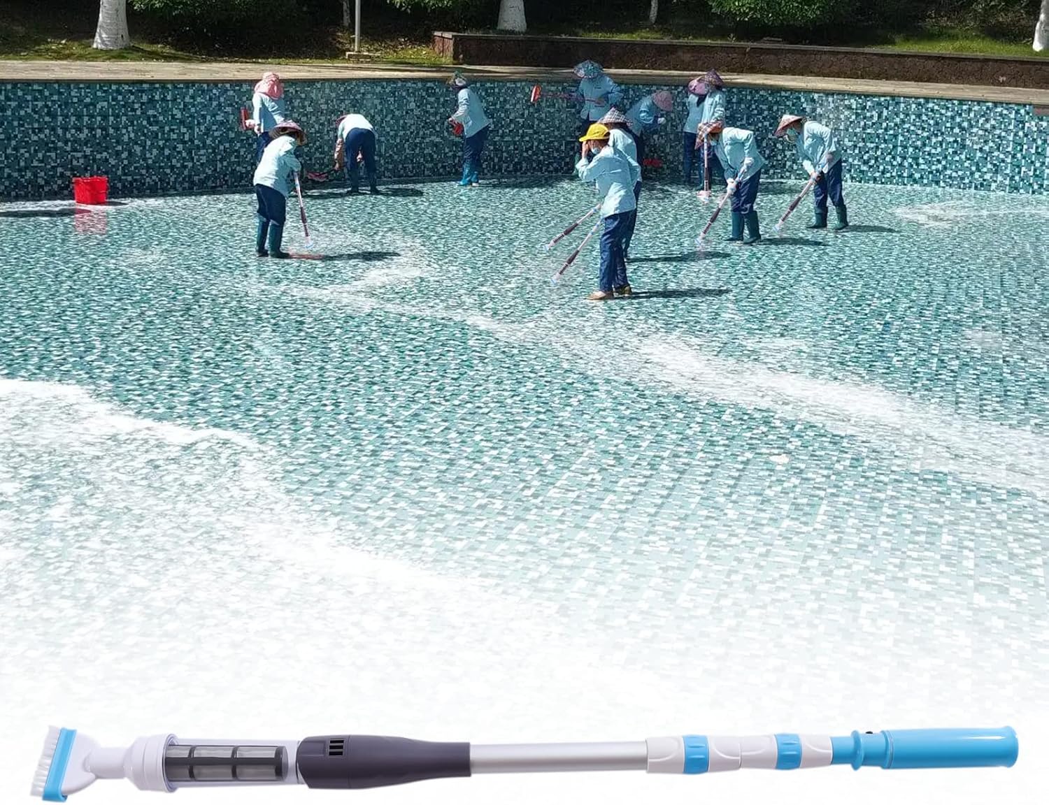 Handheld Pool Vacuum with Round Brush to Clean The Water Line, Rechargeable Pool Cleaner Perfect for Spas, Hot Tubs and Small Pools for Sand and Debris, Blue