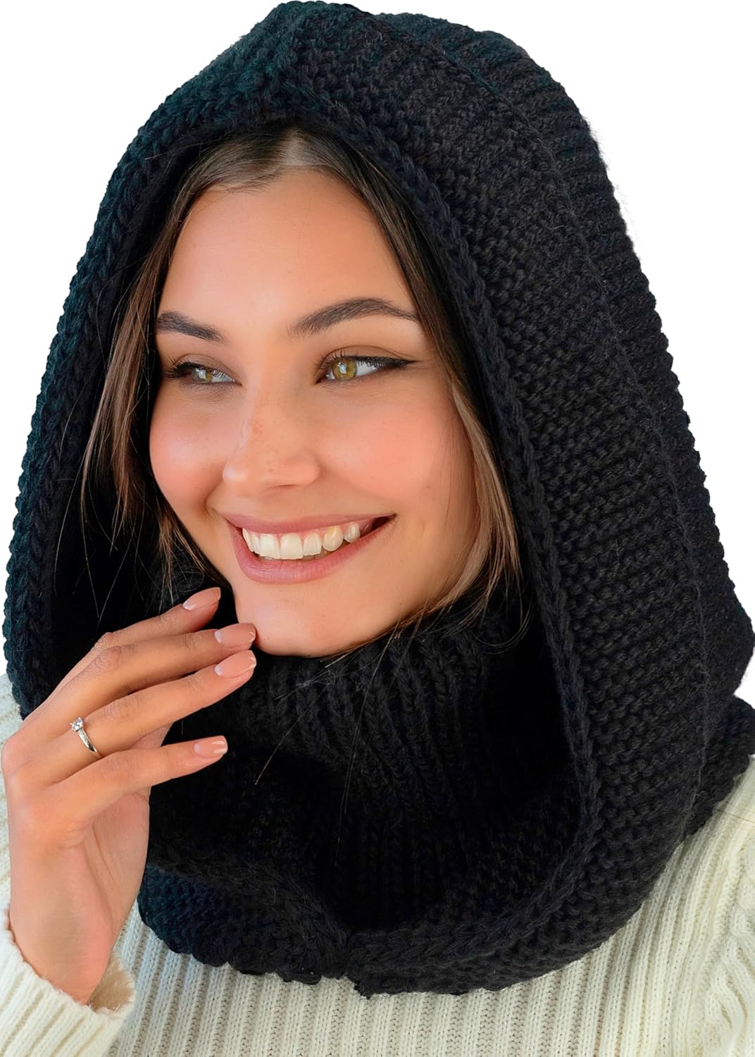 Knit Hooded Scarf for Women - Wool Balaclava Hood Detachable with Neck Gaiter - Hat Scarf Combo