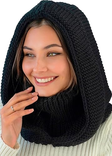 Knit Hooded Scarf for Women - Wool Balaclava Hood Detachable