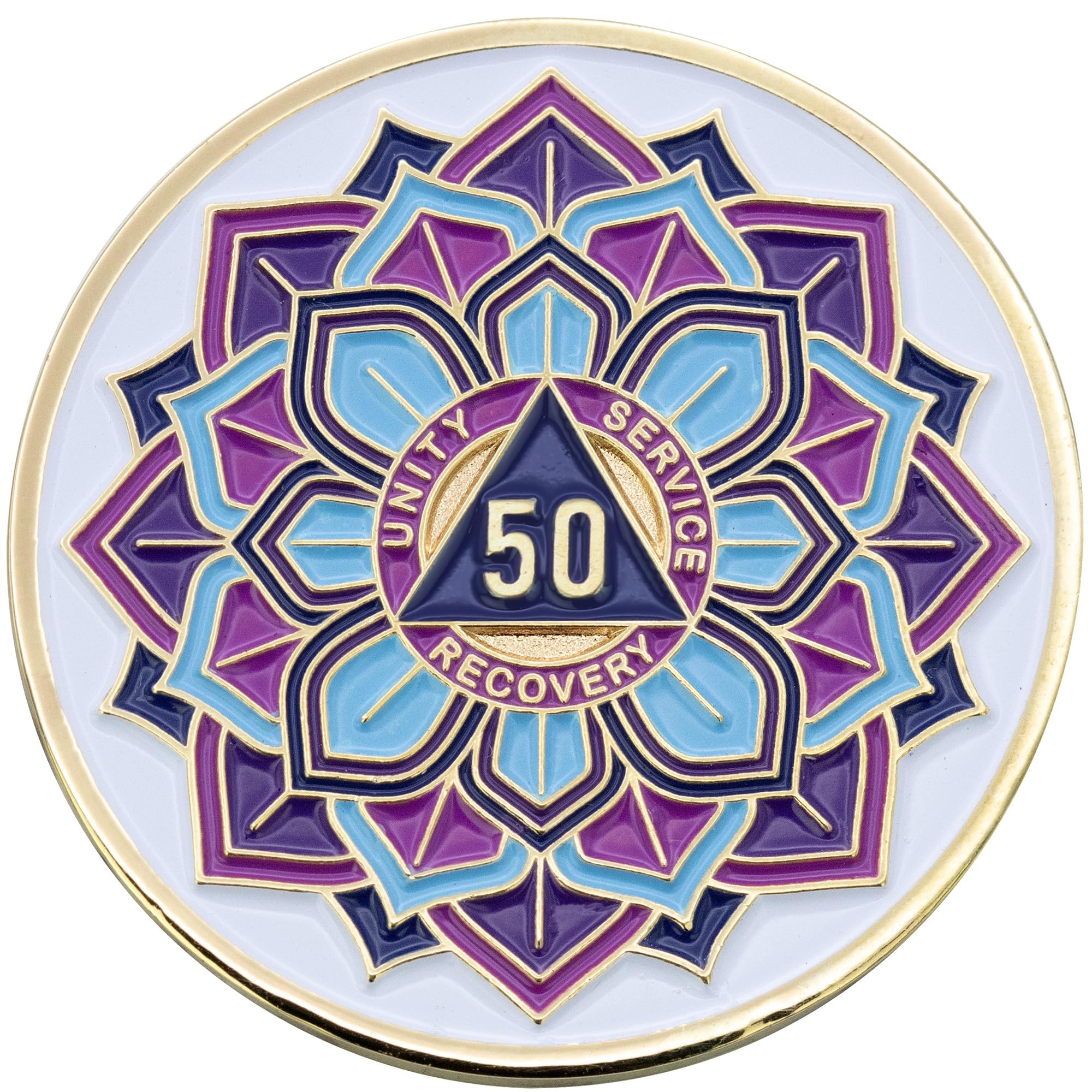 50 Year AA Coin - Sobriety Mint 'in Bloom' Lotus Flower Recovery Medallion/Chip - White/Gold