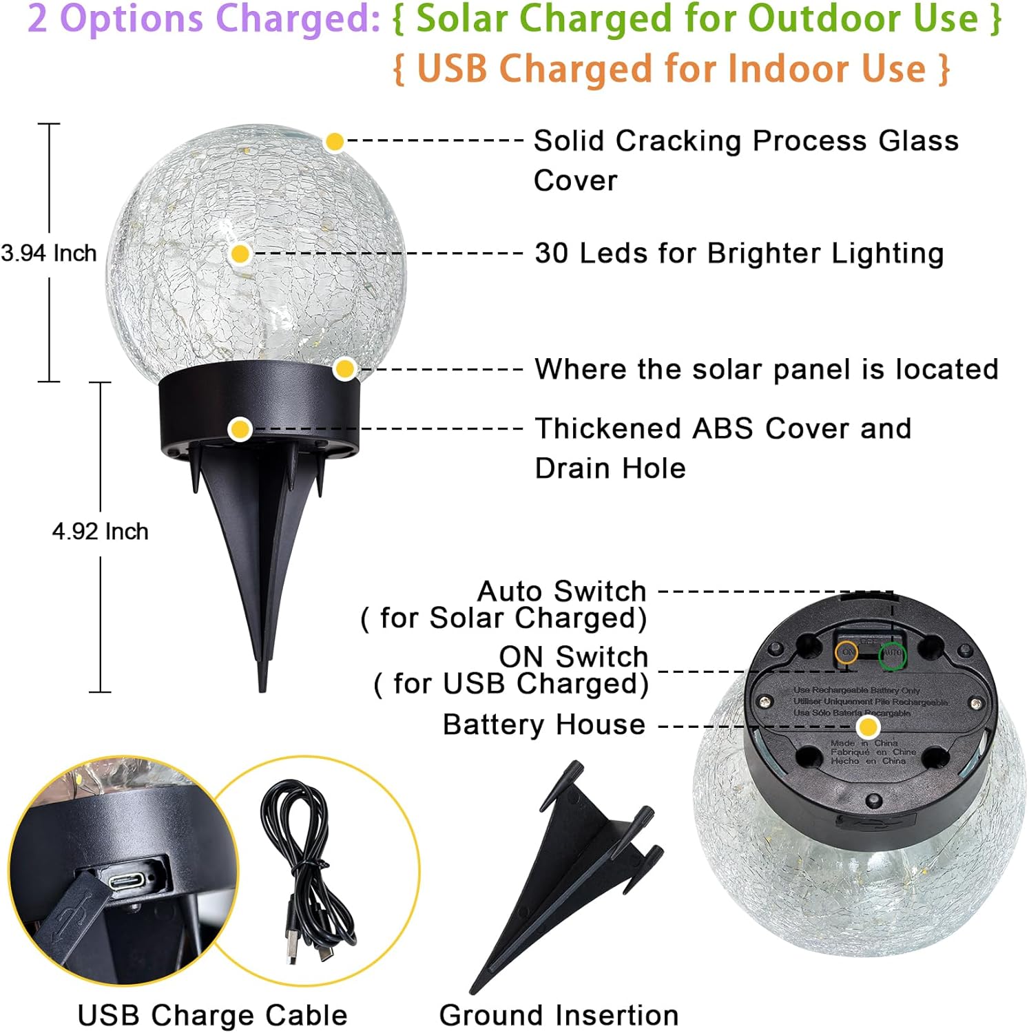4 Packs Solar Globe Lights Outdoor USB Charged Garden Decor 3.94" Diameter 30LED 1000mAh Solar Globe Lights for Outdoor Indoor Mothers Day Gifts Holiday Decor(3.94'' Medium 4 Pack Warm White)