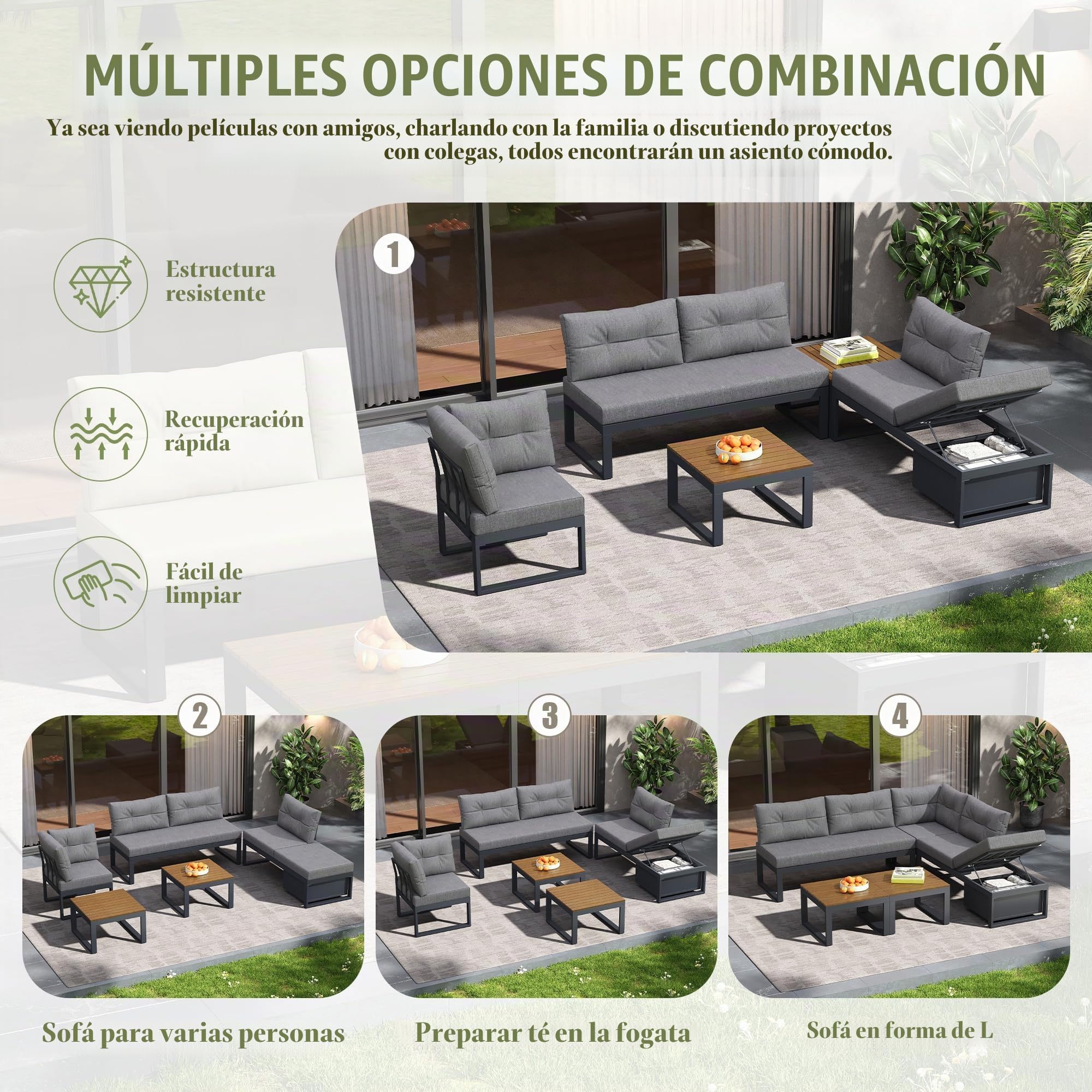 Conjunto de Jardin Exterior para 5 Personas, 5 Piezas, Set Muebles Jardin con 2 Mesa de Centro, Sofá Sillones con Cojines y Respaldo, Juego de Muebles de Jardín para Terraza Patio (Gris)