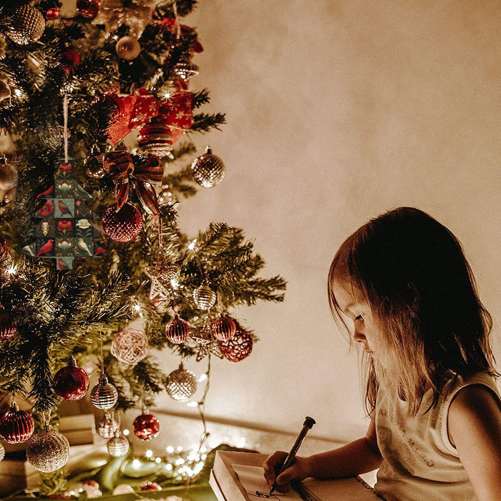 Lot de 6 décorations de Noël scandinaves en bois naturel avec oiseaux et motifs pour sapin de Noël rustique et confortable