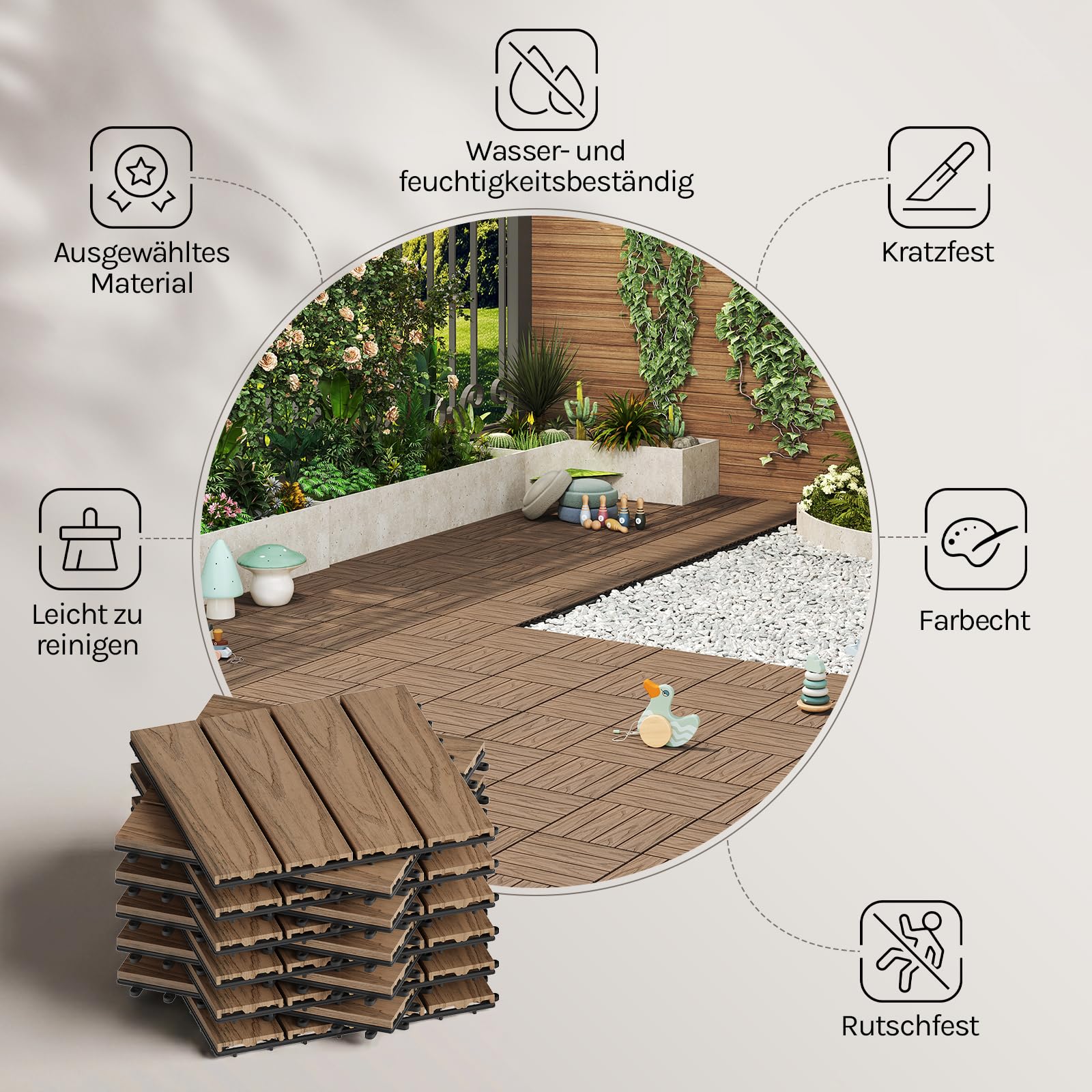 WOLTU 22 x Premium WPC Terrassenfliesen 30x30cm Holz Optik mit Relief, Balkonfliesen Garten Fliesen Bodenbelag Braun (2 m²)