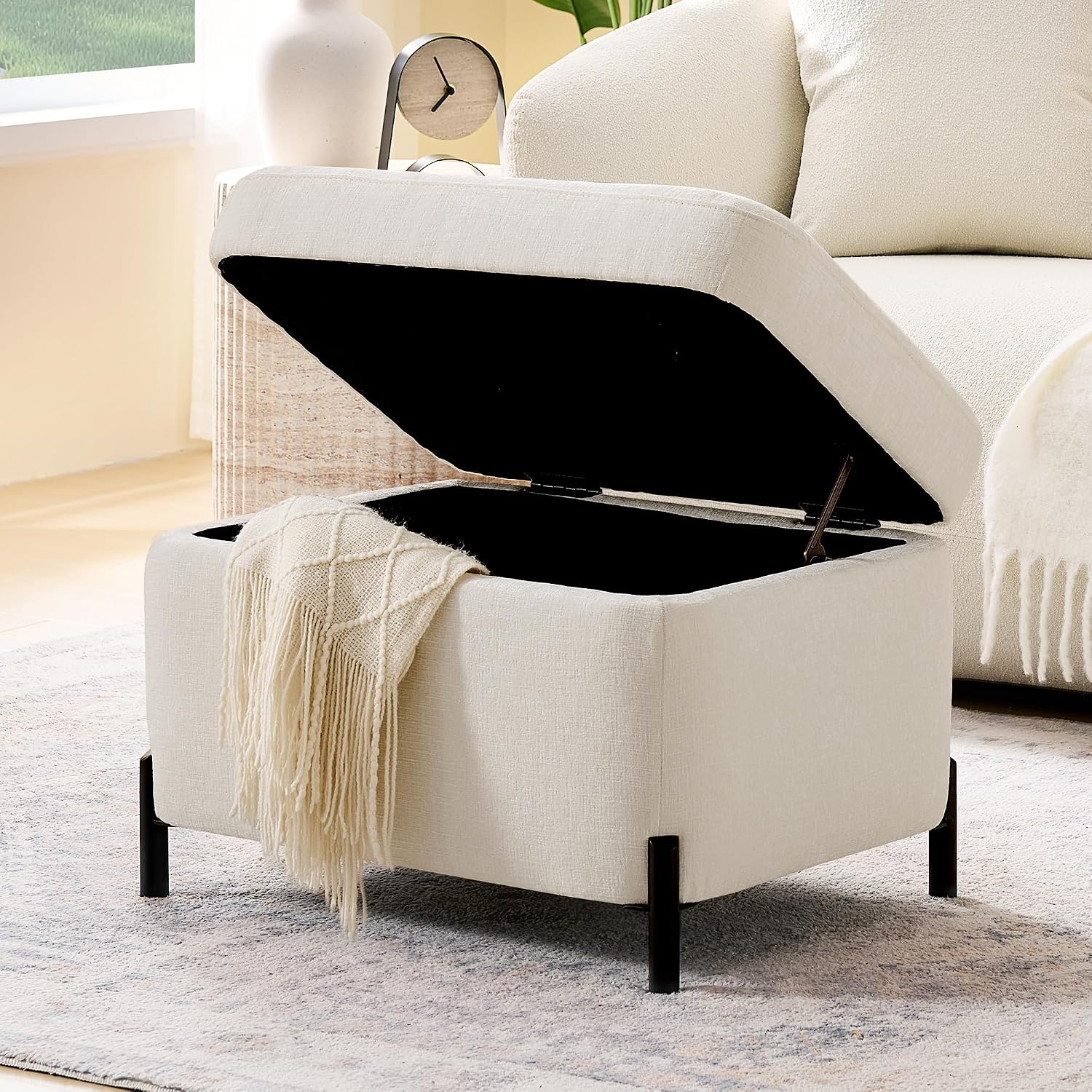 Zihanhome Chenille Storage Ottoman with Lift-Top Lid, Upholstered Ottoman Bench & Foot Rest, Hidden Storage Footstool with Matte Black Metal Legs for Living Room, Bedroom, Entryway (White)