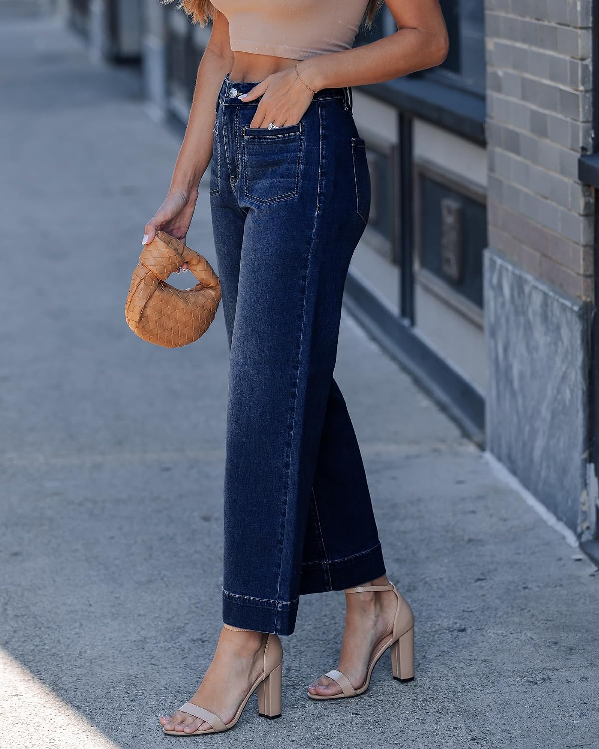 GRAPENT Wide Leg Jeans for Women Cropped High Waisted Trendy Patch Pocket Baggy Loose Straight Leg Stretchy Denim Pants image 4