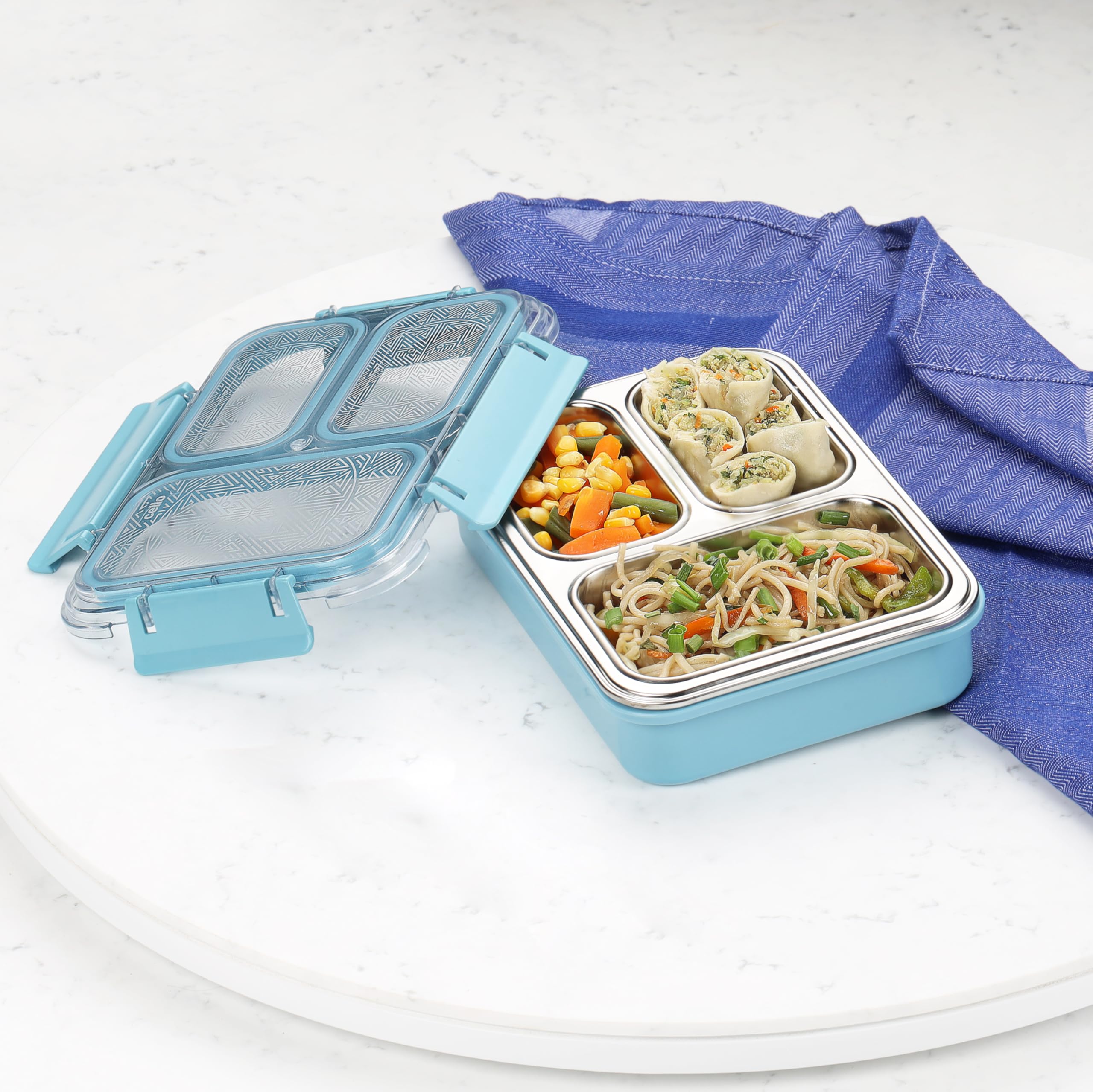 CELLO Tri Lunch Insulated Lunch Box | Inner Stainless Steel Compartment | Silicon Seal in The Lid with with 4 Sided Click Locks | Ideal for College,Office, Outdoor Activities | Light Blue | Set of 1-image-32