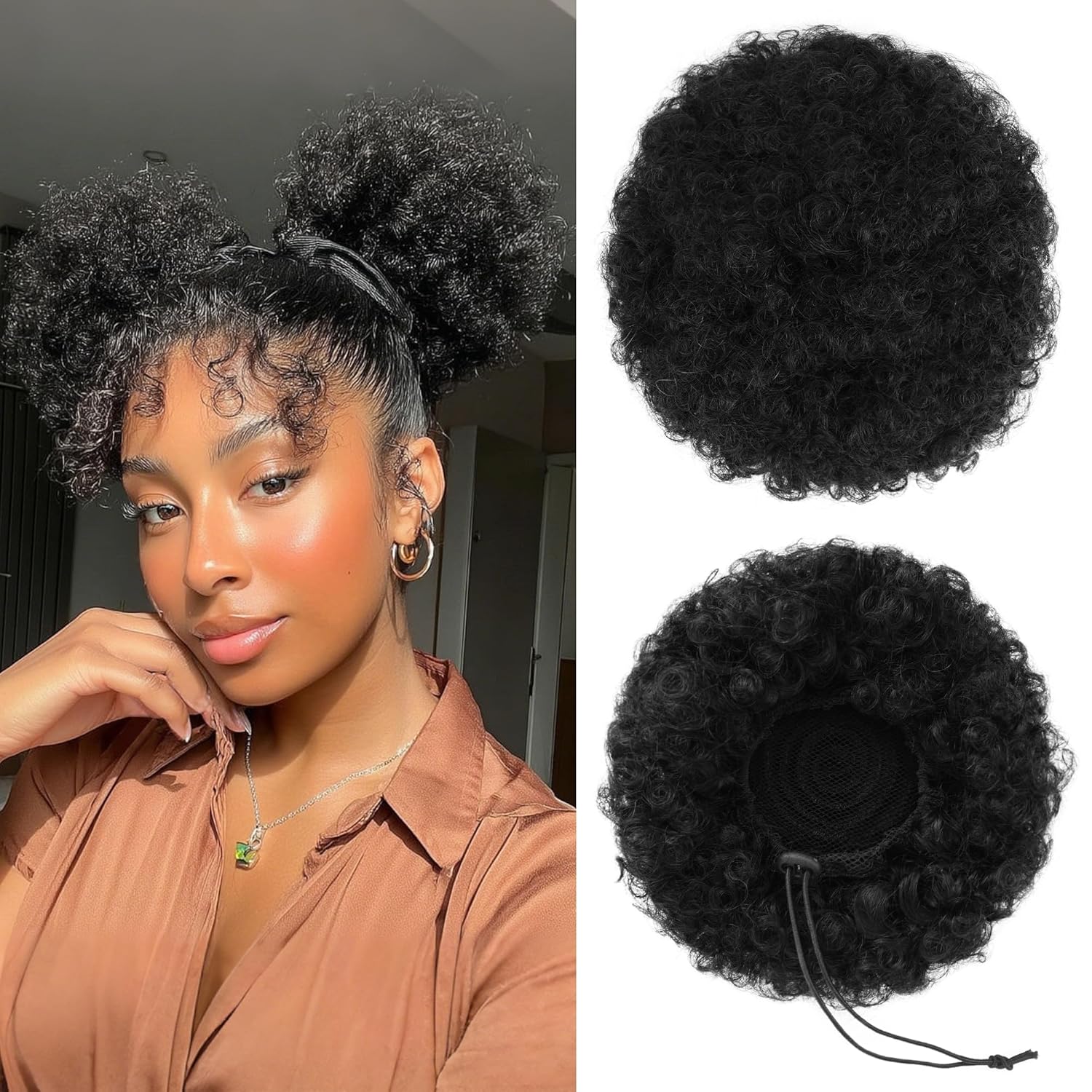 100% Human Hair Afro Puff Drawstring Ponytail for African Black Women Girls丨Afro Curly Bun Extension 丨Kinky Drawstring Short Extensions Hairpieces - 1B Natural Black Medium Size - 2 PIECES