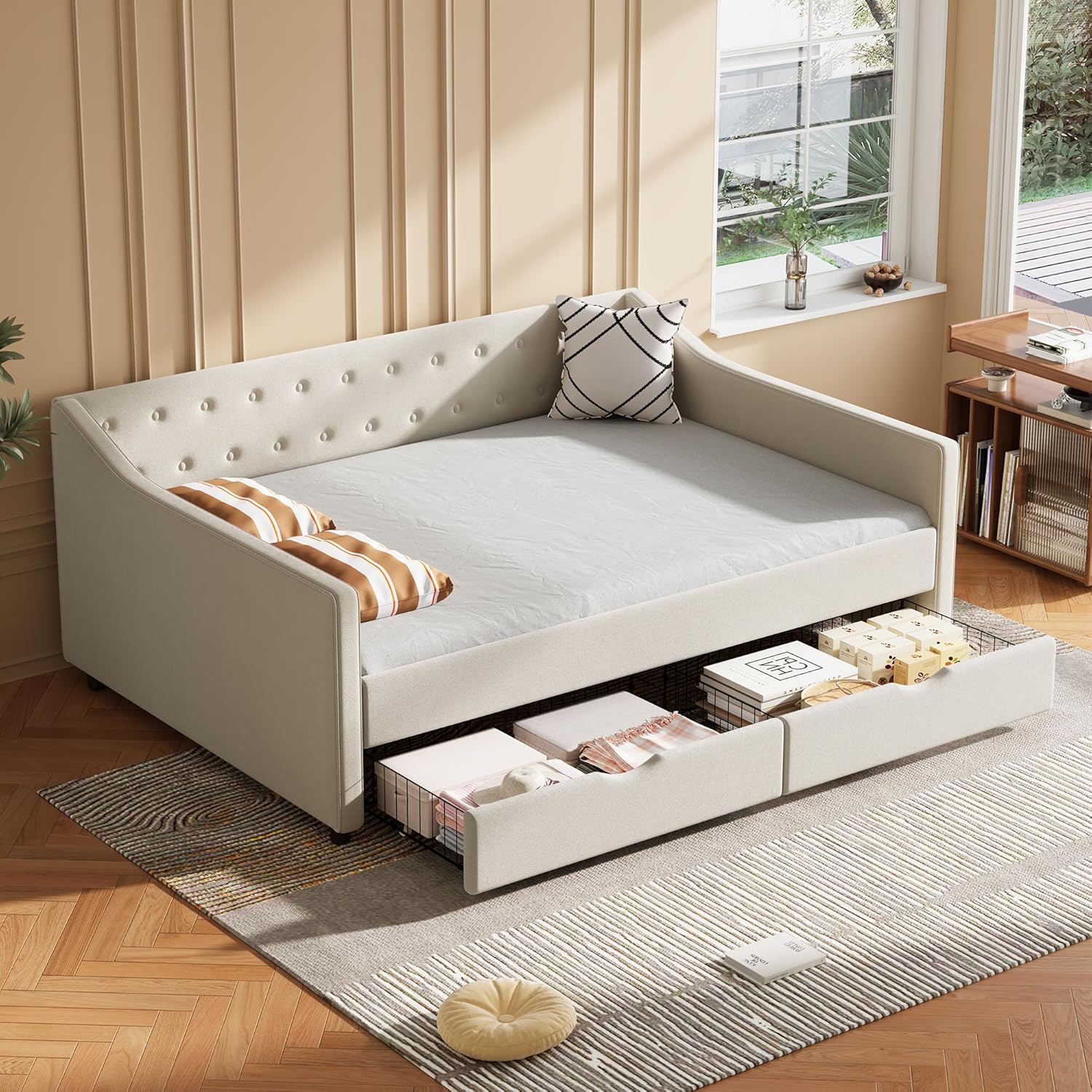 Full Size Daybed with Drawers,Linen Fabric Day beds w/Storage & Button on Back and Piping on Waved Shape Arms,Upholstered Tufted Sofa Bed for Living Room, Bedroom, and Guest Room,Beige