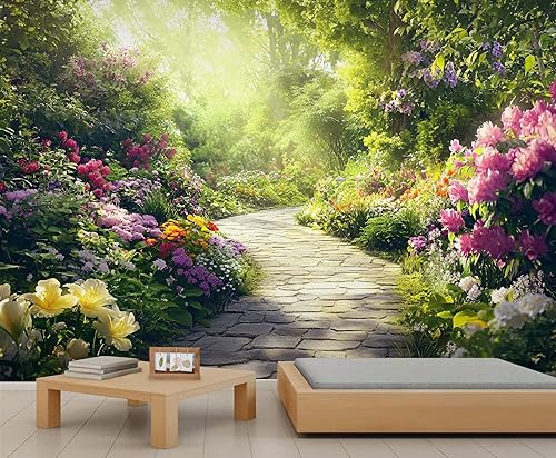 Miniatura 3 de Mural de pared 3D de pintura al óleo para jardín, mural de pared 3D de jardín de cabaña europea, mural de papel tapiz de bosque que explota de