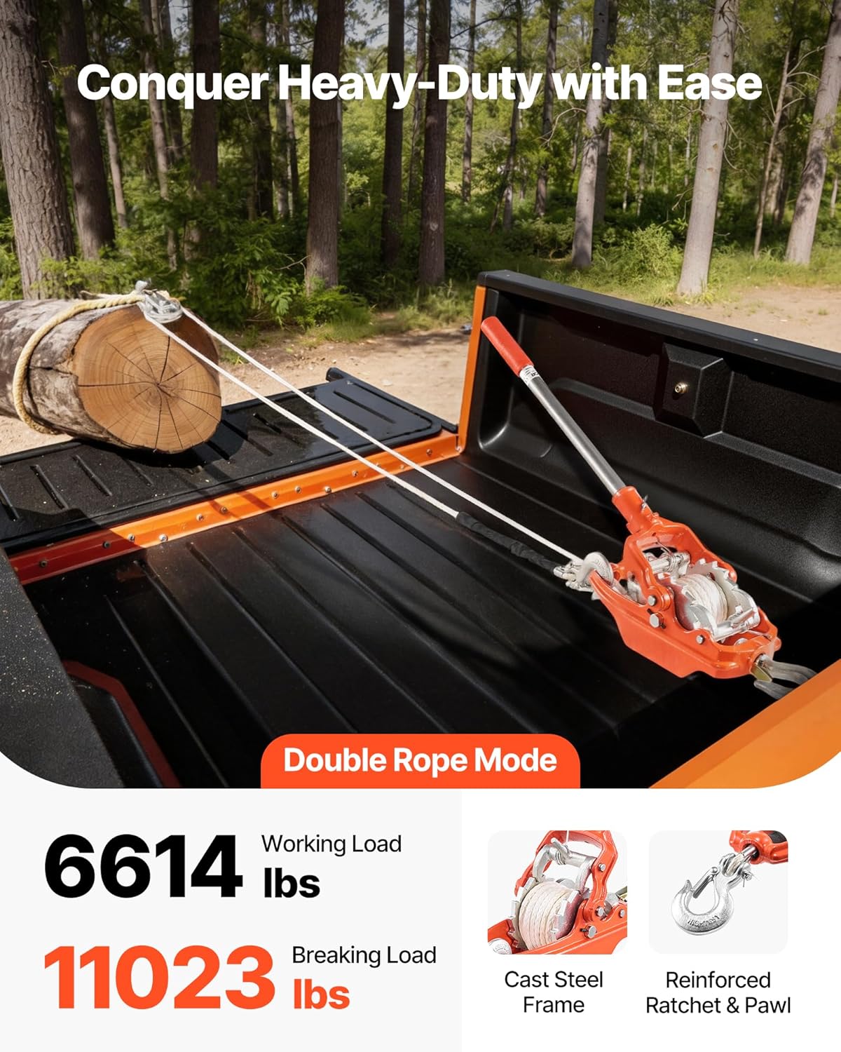 VEVOR Rope Puller, 6614 lbs Pulling Capacity, Heavy Duty Ratchet Power Puller Tool with 35 ft of 0.3 in Diameter Rope & 2 Hooks, Come Along Winch for Tree Felling, Moving Boats, Road Recovery