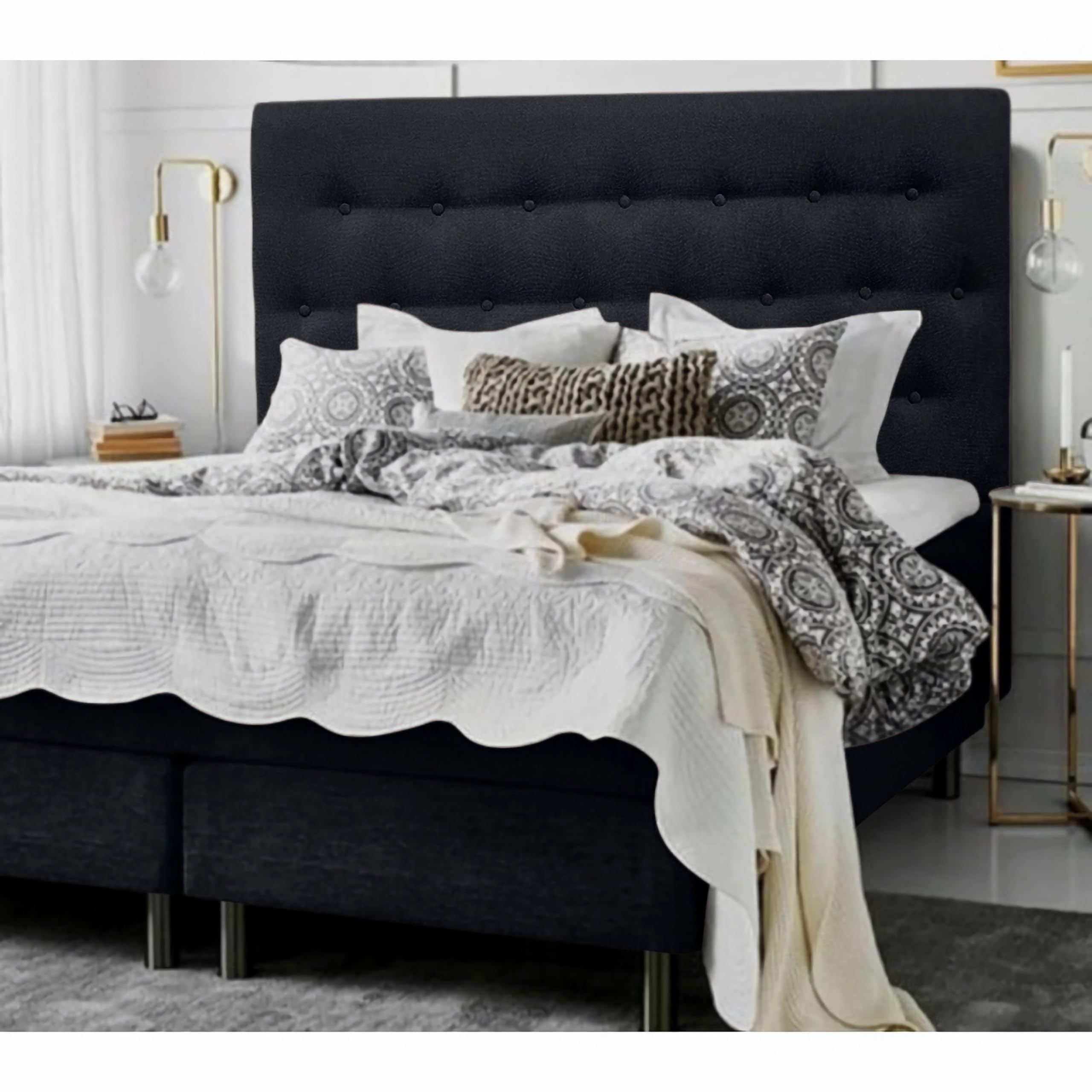 DecorQUALITY Cabeceros de Cama tapizados con Tejido Antimanchas, Estructura Madera Acolchado- Cabezal Dormitorio y Matrimonio Moderno Mod. Paris Todas Las Medidas y Colores (Negro, 135 * 70)