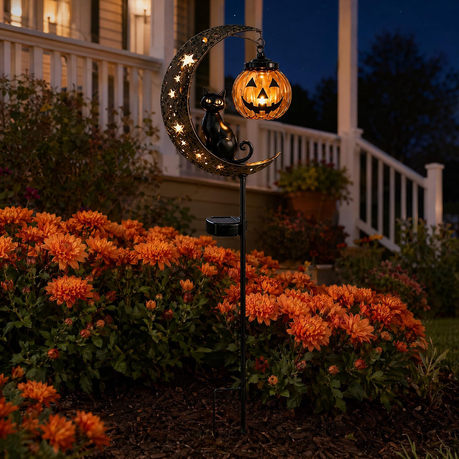 Solar Halloween Black Cat & Pumpkin Moon Garden Stake LED Light