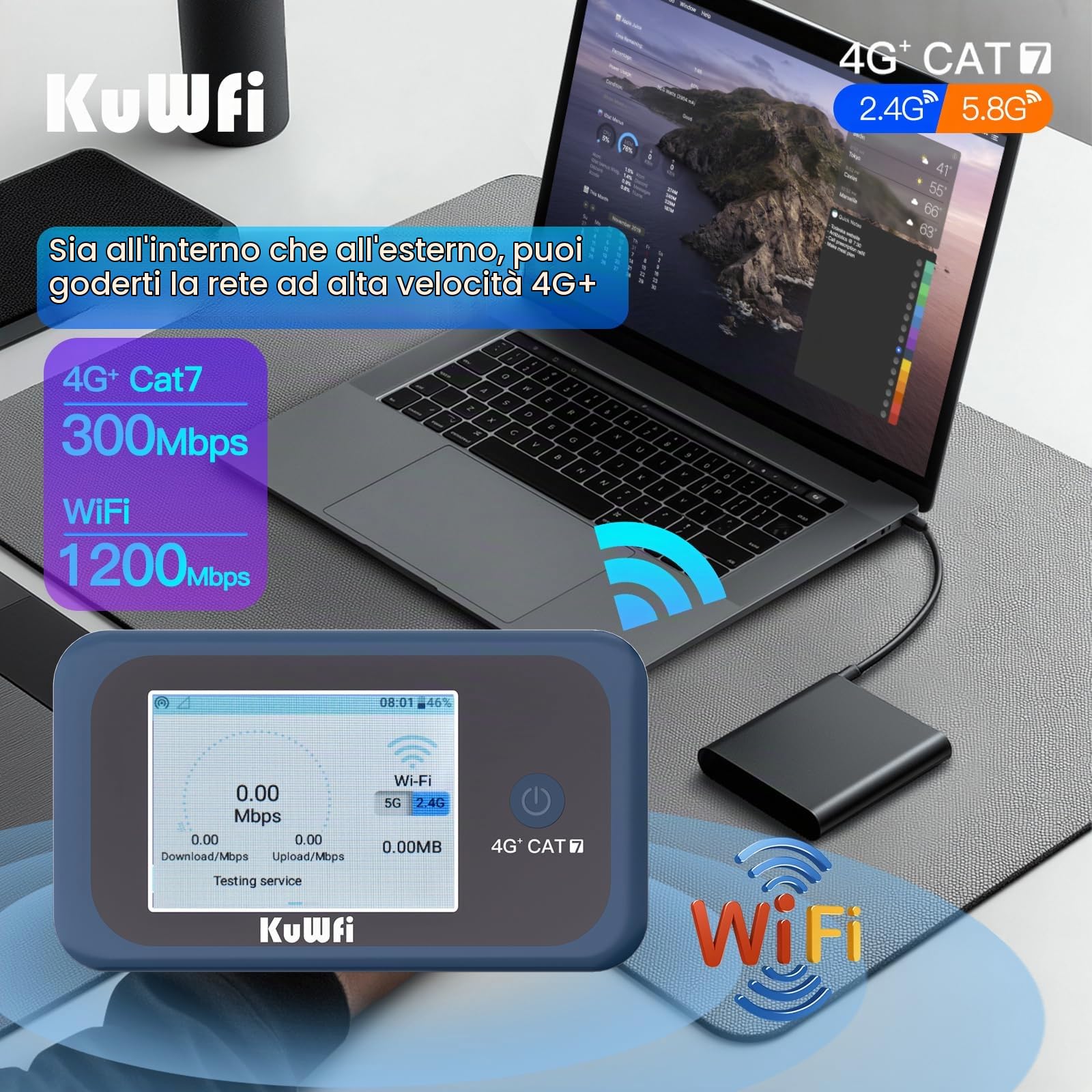 KuWFi Saponetta WiFi con SIM Card, Router WiFi Portatile 4G+ LTE Cat7 300Mbps Download, Hotspot Viaggio per Campeggio e Auto, Batteria 3000mAh per 10 Dispositivi