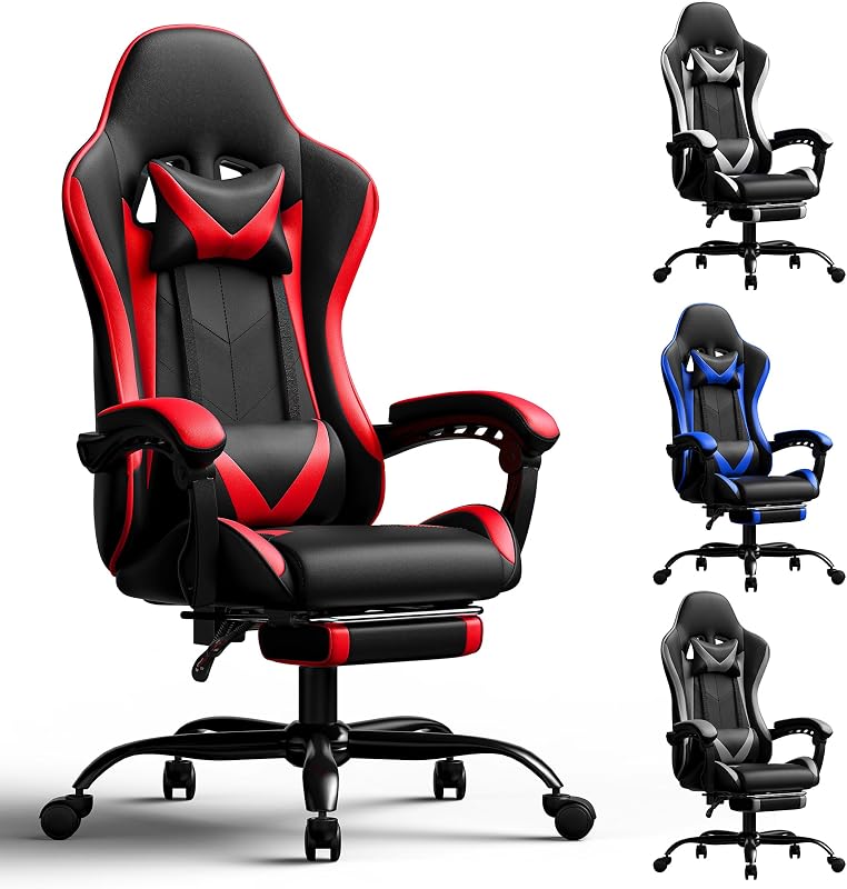 Gaming Chair, Ergonomic Computer Chair with Footrest Lumbar Support, Red | 400 lbs Adult Chair, High Back, Height Adjustable Video Game Chair with 360° Swivel Seat and Headrest for Office, Gaming