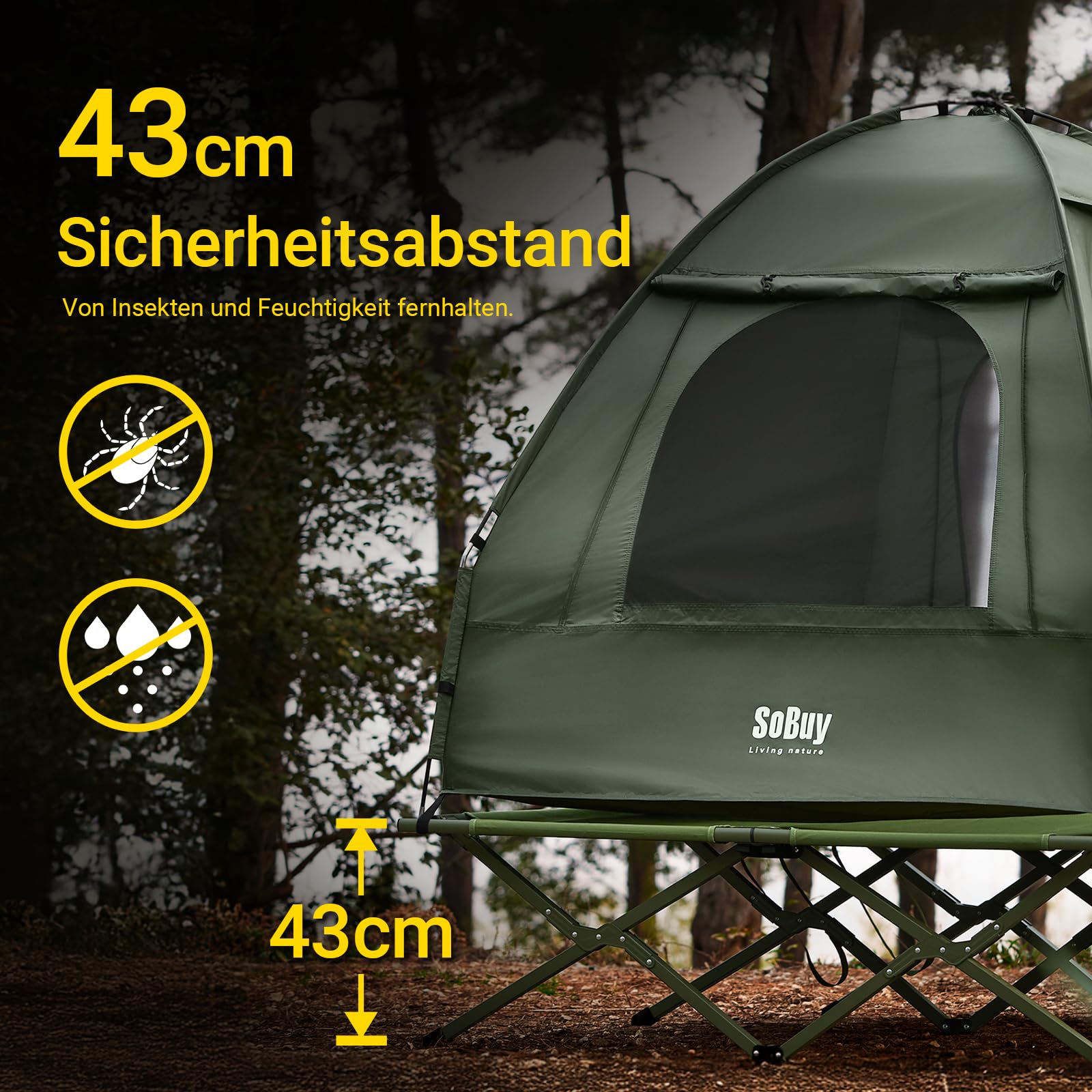 SoBuy Feldbett mit Zelt Grün 4in1 Zelt auf Stelzen mit Rolltasche Wasserdichtes Campingbett Outdoor Campingliege Familienzelt ohne Matratze Angelzelt Grün
