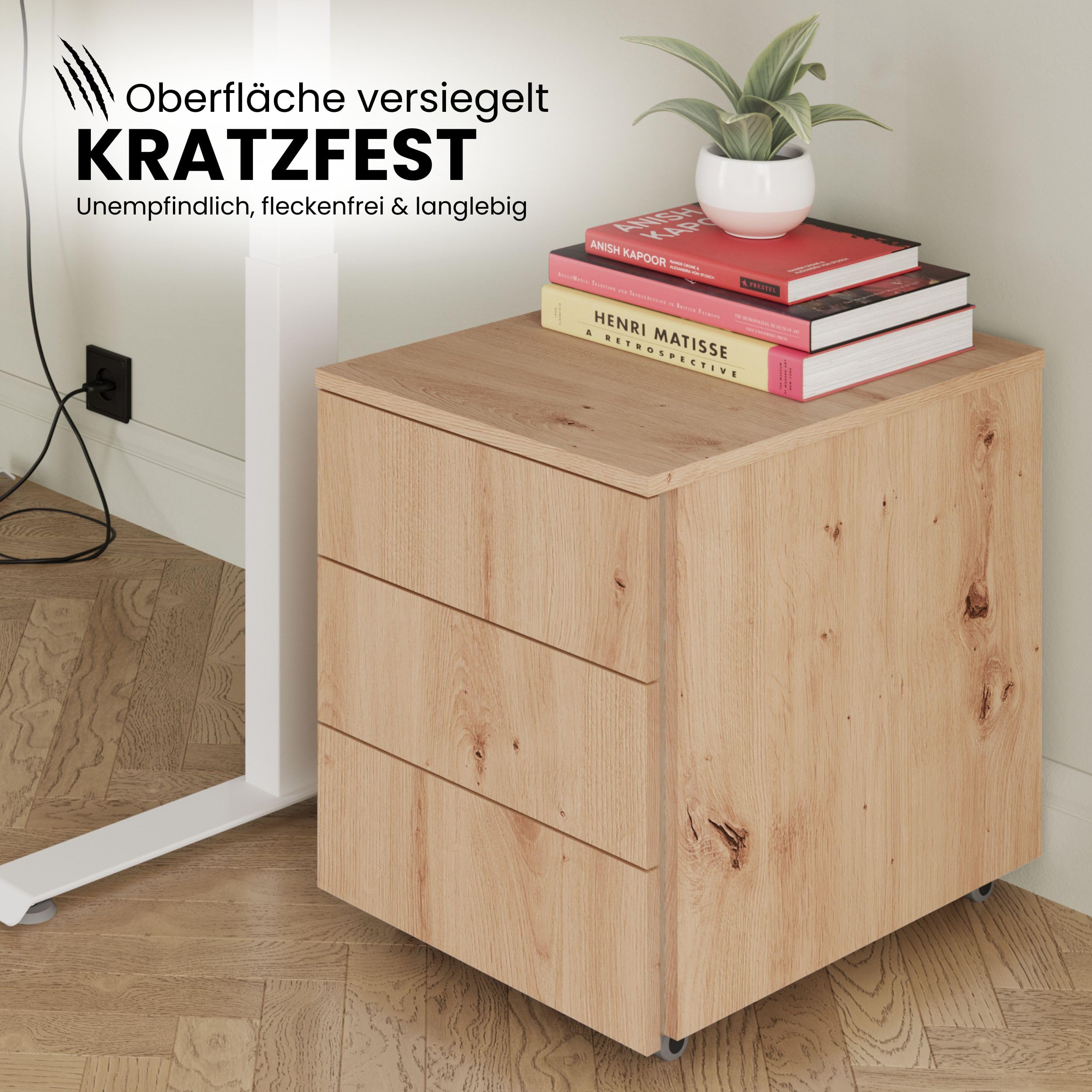 bümö lite Rollcontainer mit Schubladen, Container aus Holz in Asteiche - Rollwagen für's Büro als Schreibtisch Unterschrank, Bürocontainer od. Schreibtischcontainer mit Seitengriff