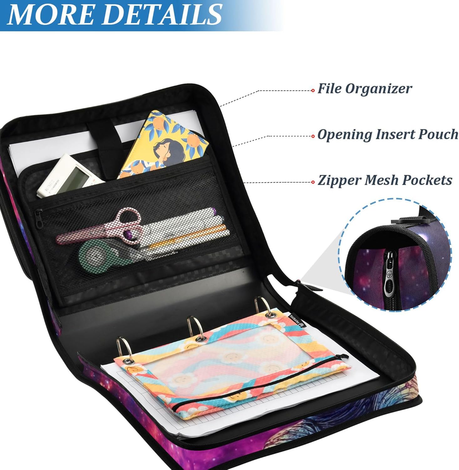 Dinosaur Music Galaxy Zipper Binder Bag, 1.5 inch 3 Ring Binder File Organizer with Handle and Shoulder Strap, Multi-Pocket, 500 Sheet Capacity